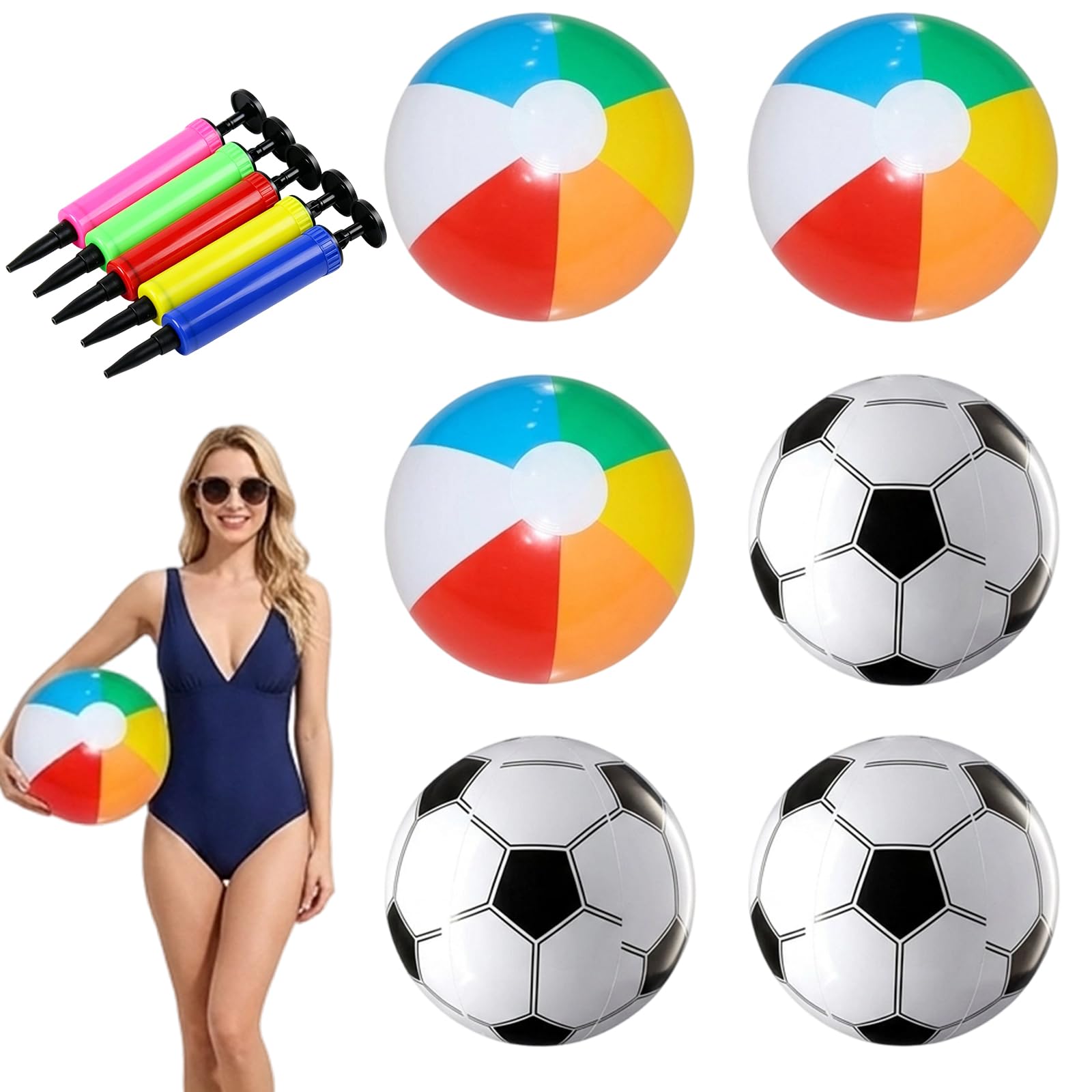 dienjason 6 Pcs Beach Ball, Inflatable Beach Ball Set, Swimming Pool Balls, Rainbow Ball and Dodgeball Balls,Three Colourful Balls with Three Black White Footballs and One Air Pump