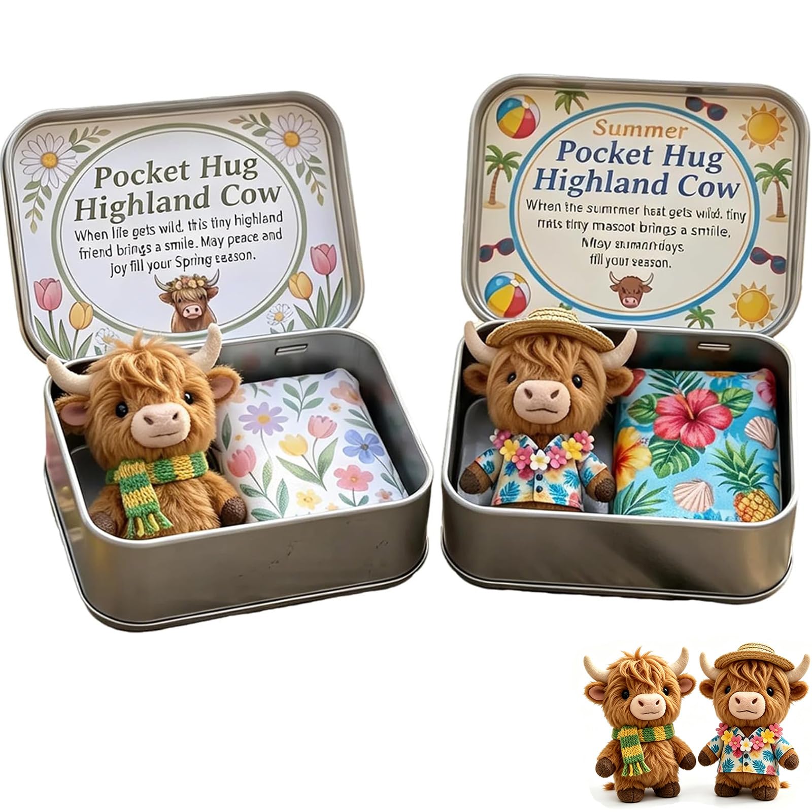 Pocket Hug Highland Cow Gift Set – Mini Highland Cow Plush with Tin Box & Message Card, Emotional Support Anxiety Relief Gift, Cute Encouragement Present for Women, Friends (A+B)