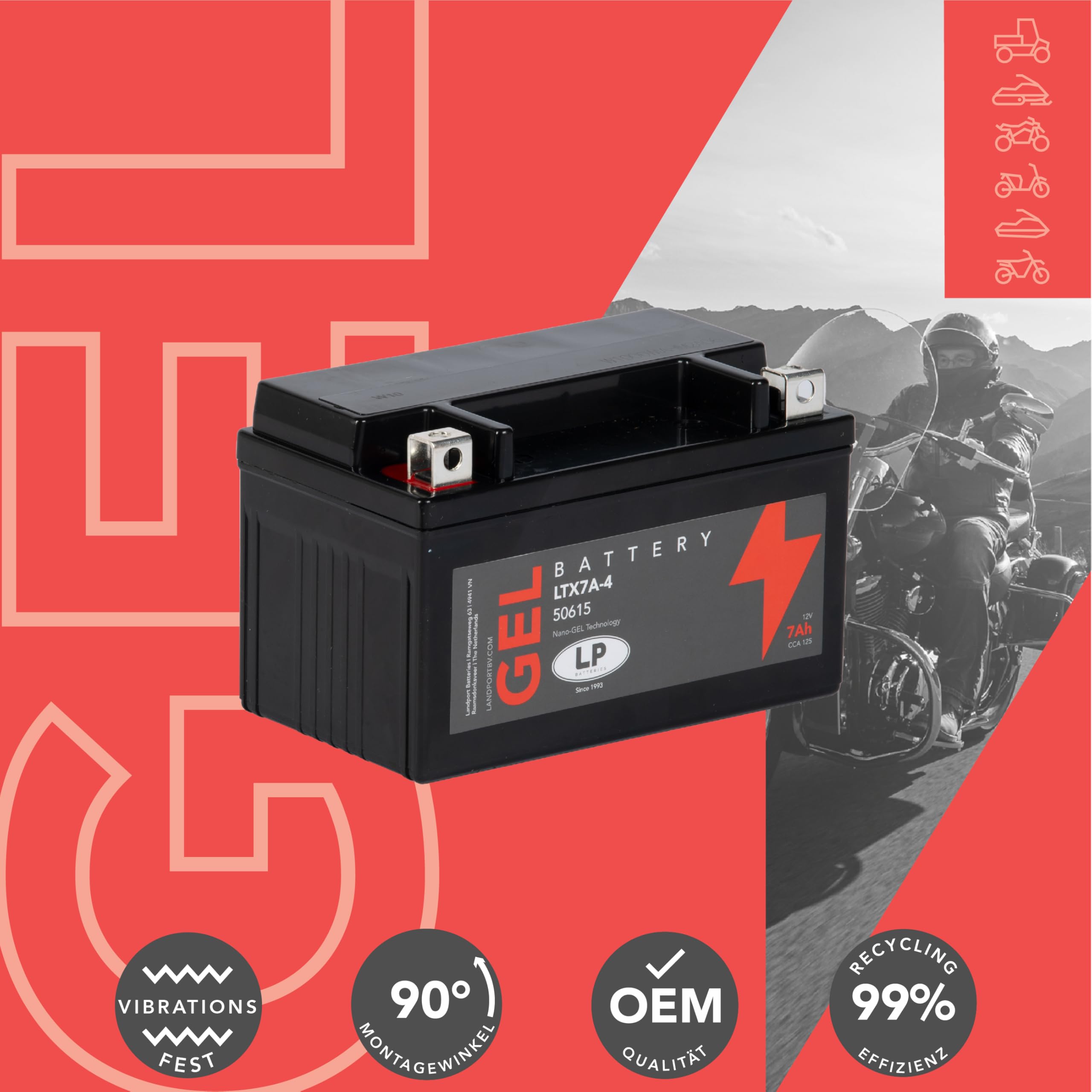 Batería de Gel para Moto Landport LP 12Volt, 7Ah /10Hr, 125 CCA- MG LTX7A-4