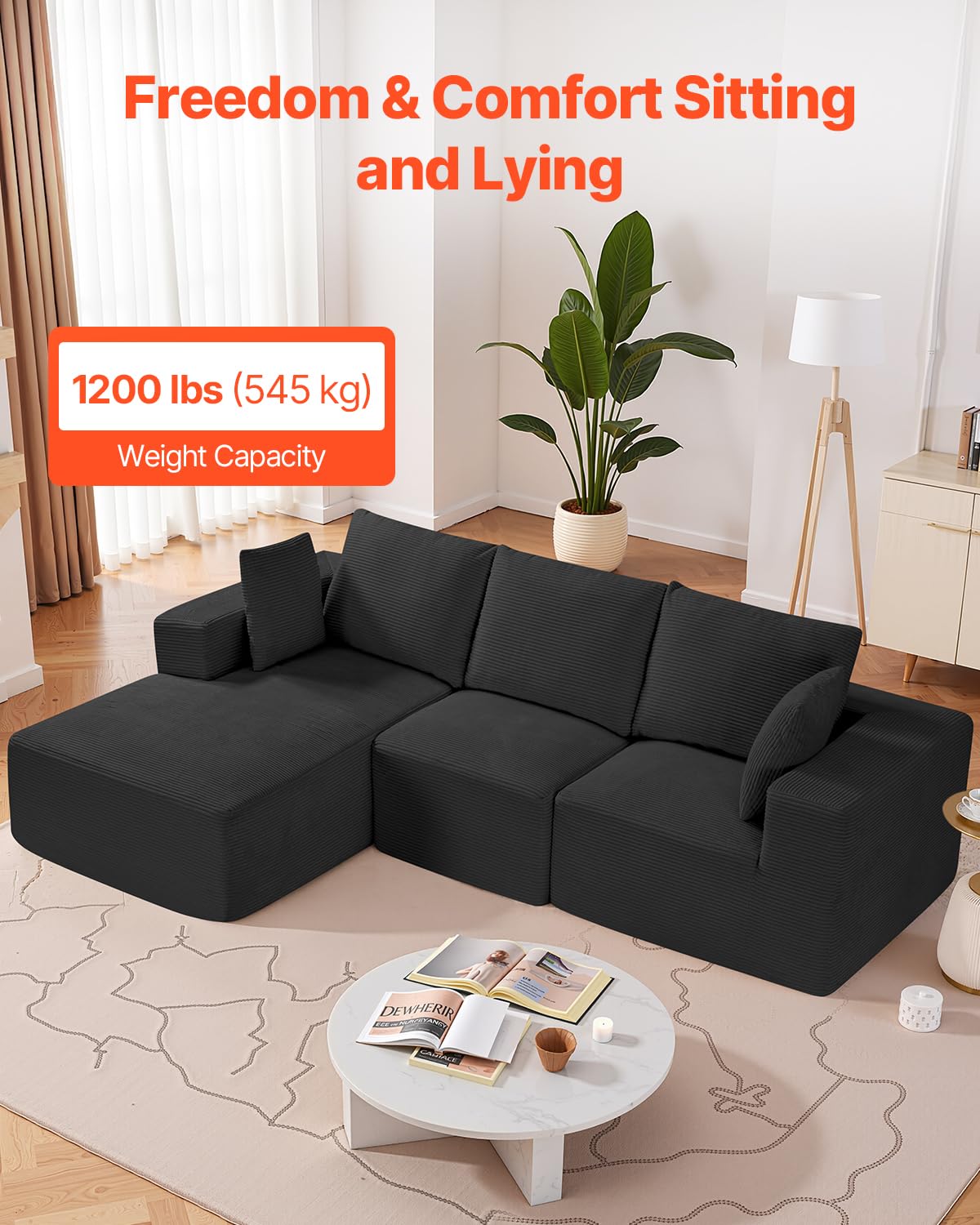 VEVOR Divano Modulare a Letto Angolare a Forma di L con Schiuma, Divano Imbottito in Velluto Capacità Carico 545 kg Lunghezza 265 cm con Cuscini, Mobile per Soggiorno Salone Casa, Nero
