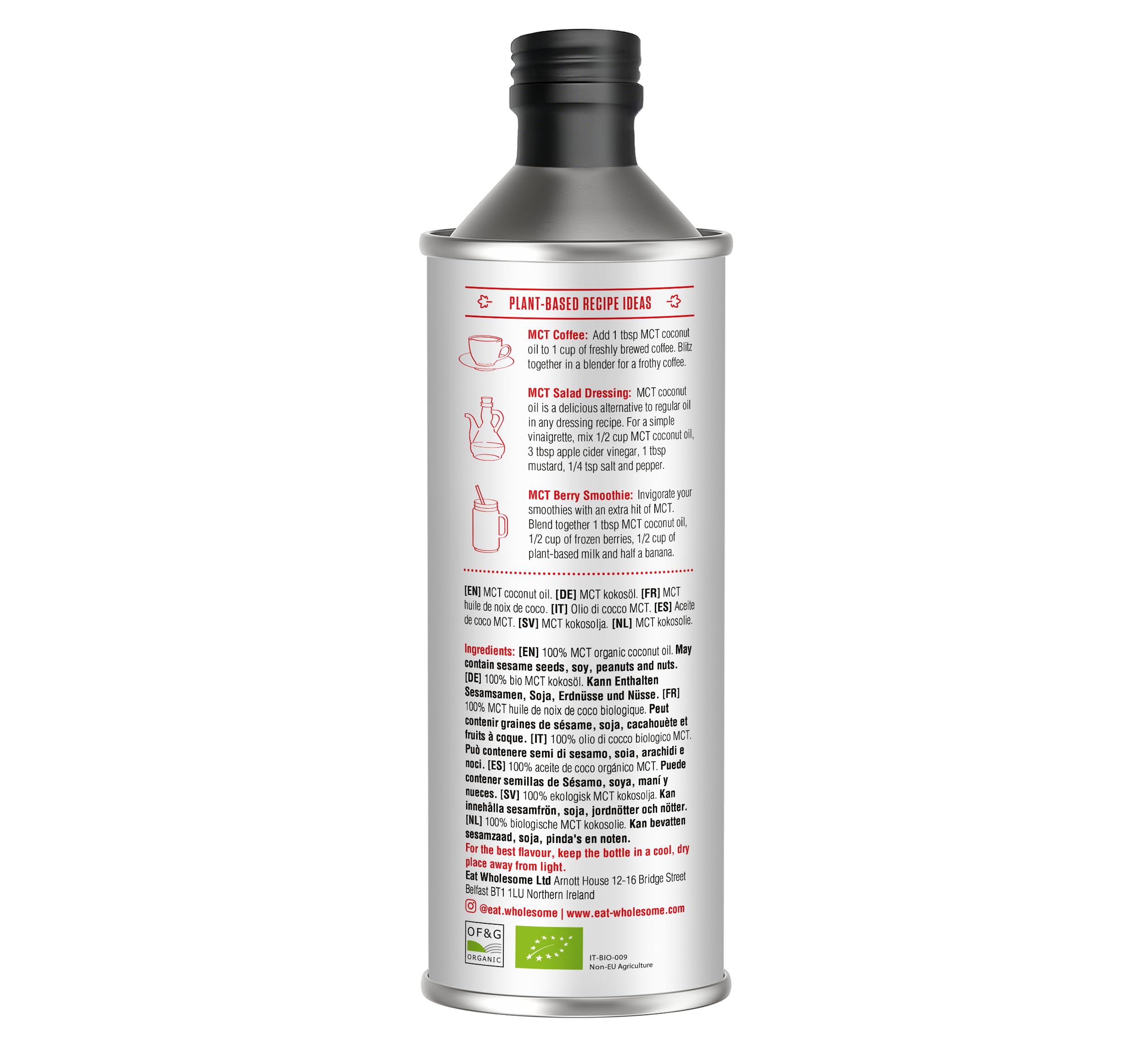 Eat Wholesome High C8 Huile de noix de coco MCT biologique, 100 % noix de coco, huile MCT en bouteille en verre, 500 ml (l'emballage peut varier)