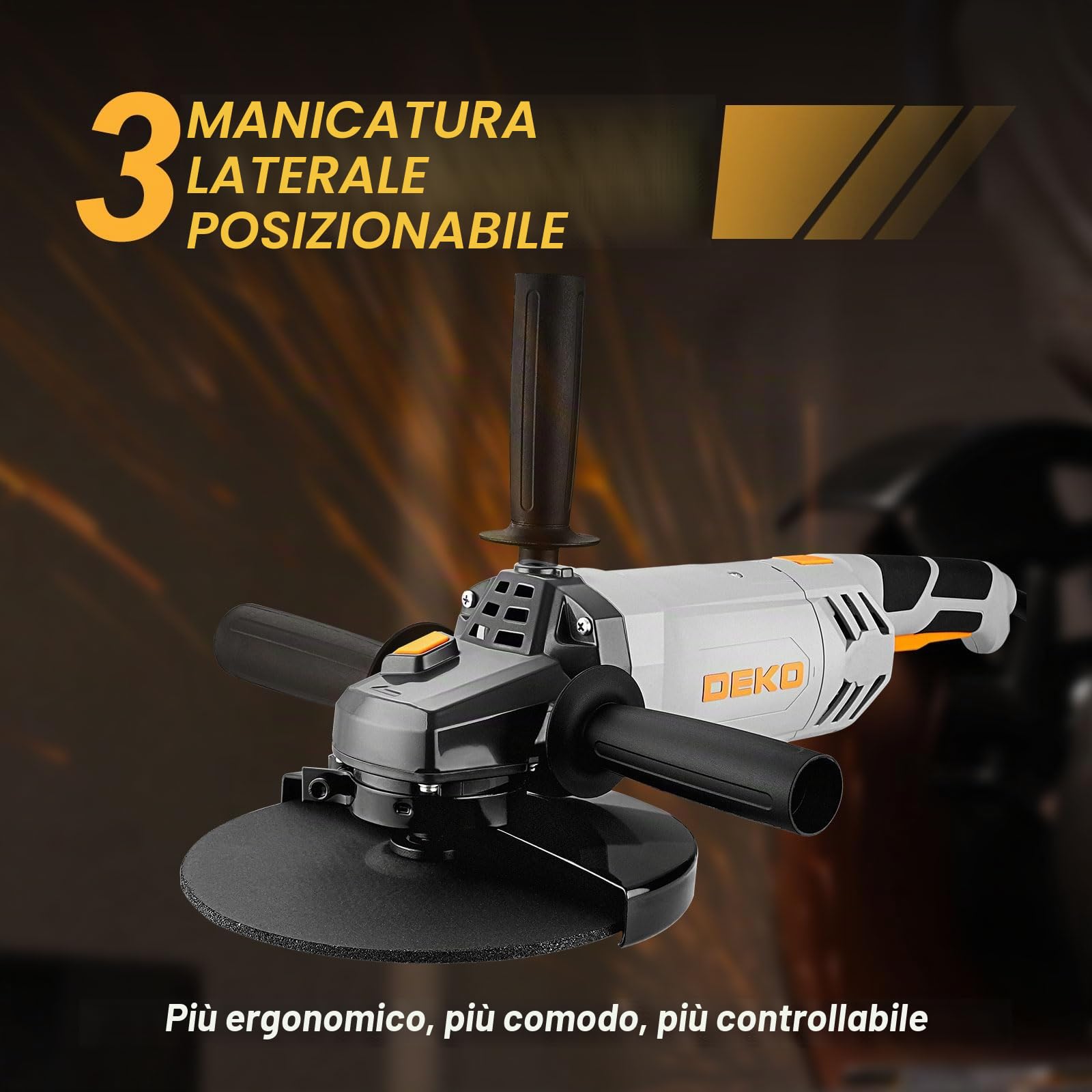 DEKOPRO Smerigliatrice Angolare: 230mm 2200W Smerigliatrice Angolare Elettrica con Cavo, Velocità 6500 RPM, per Tagliare, Lucidare e Smerigliare, con Manici Lunghi