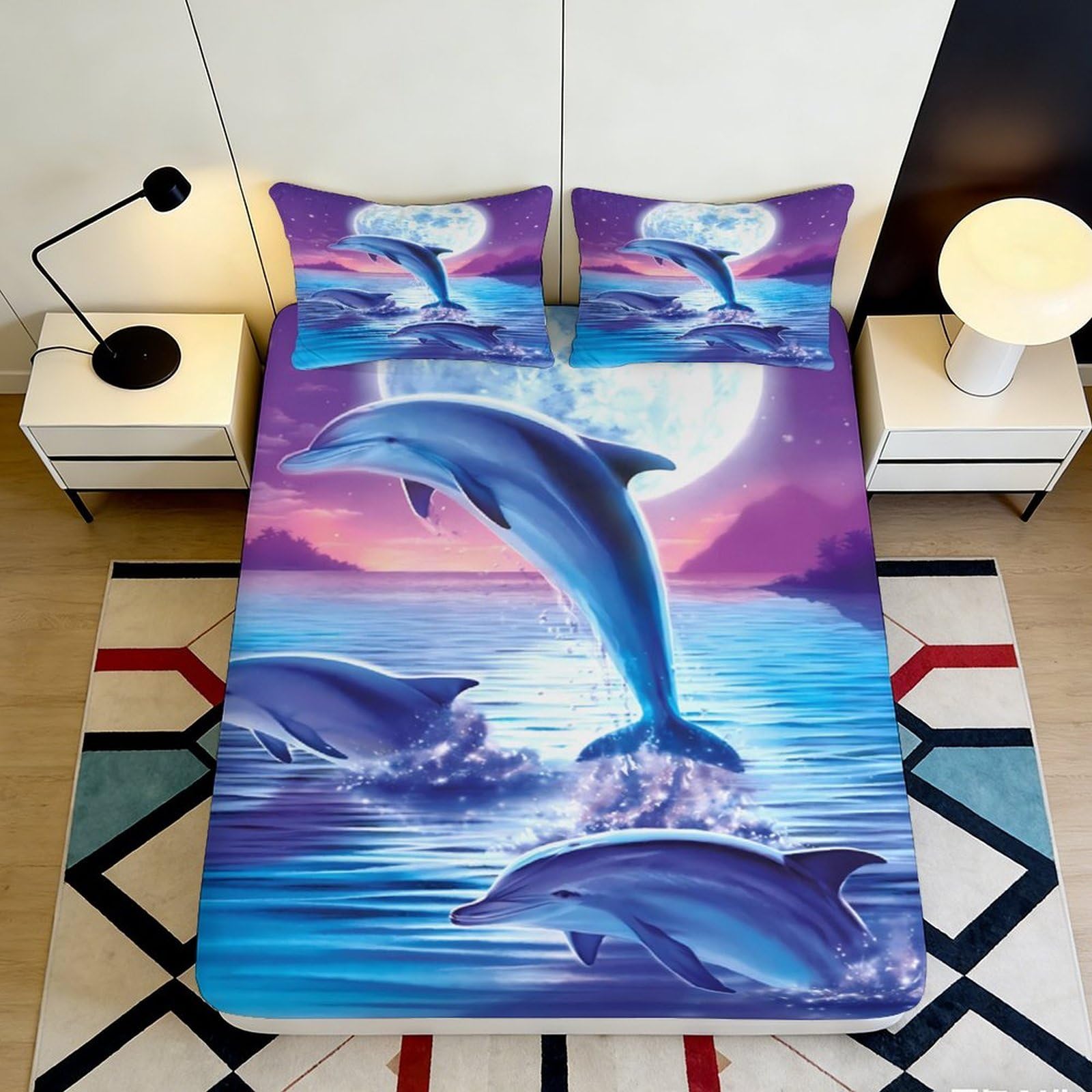 Jqzkxnhpbr Style-10 3D Printed Ocean Sunset Dolphin Fitted Sheet Microfiber Anti-Slip Mattress Cover For Bedroom Guest Room Home Decor 90X200x25cm