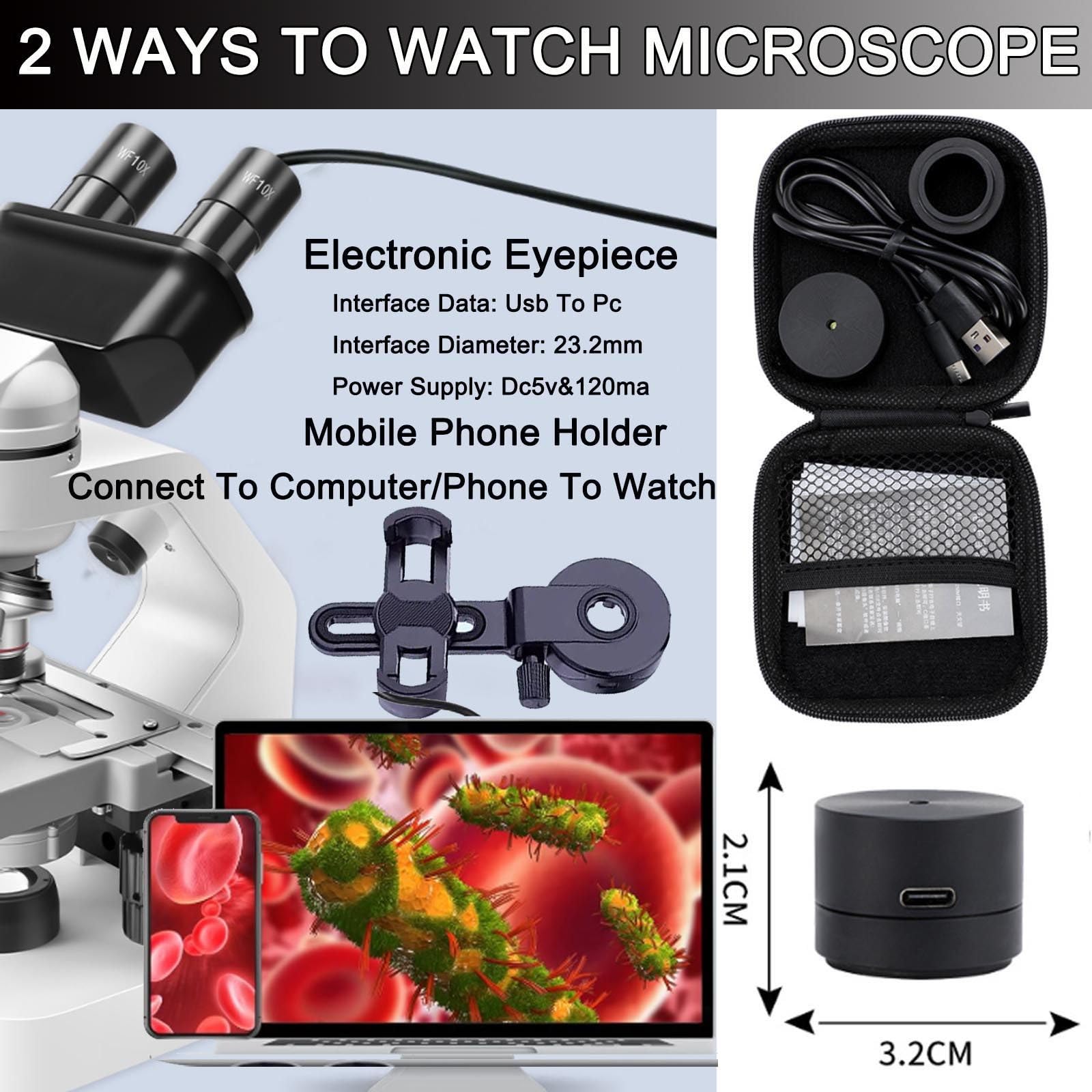 Microscopio Binocular 40x-2000/5000x, Luces Led Duales Superior E Inferior/Enfoque Grueso Y Fino/RotacióN 360°/Campo Amplio,Con Ocular ElectróNico +Soporte TeléFono+Bolsa Almacenamiento,2000x