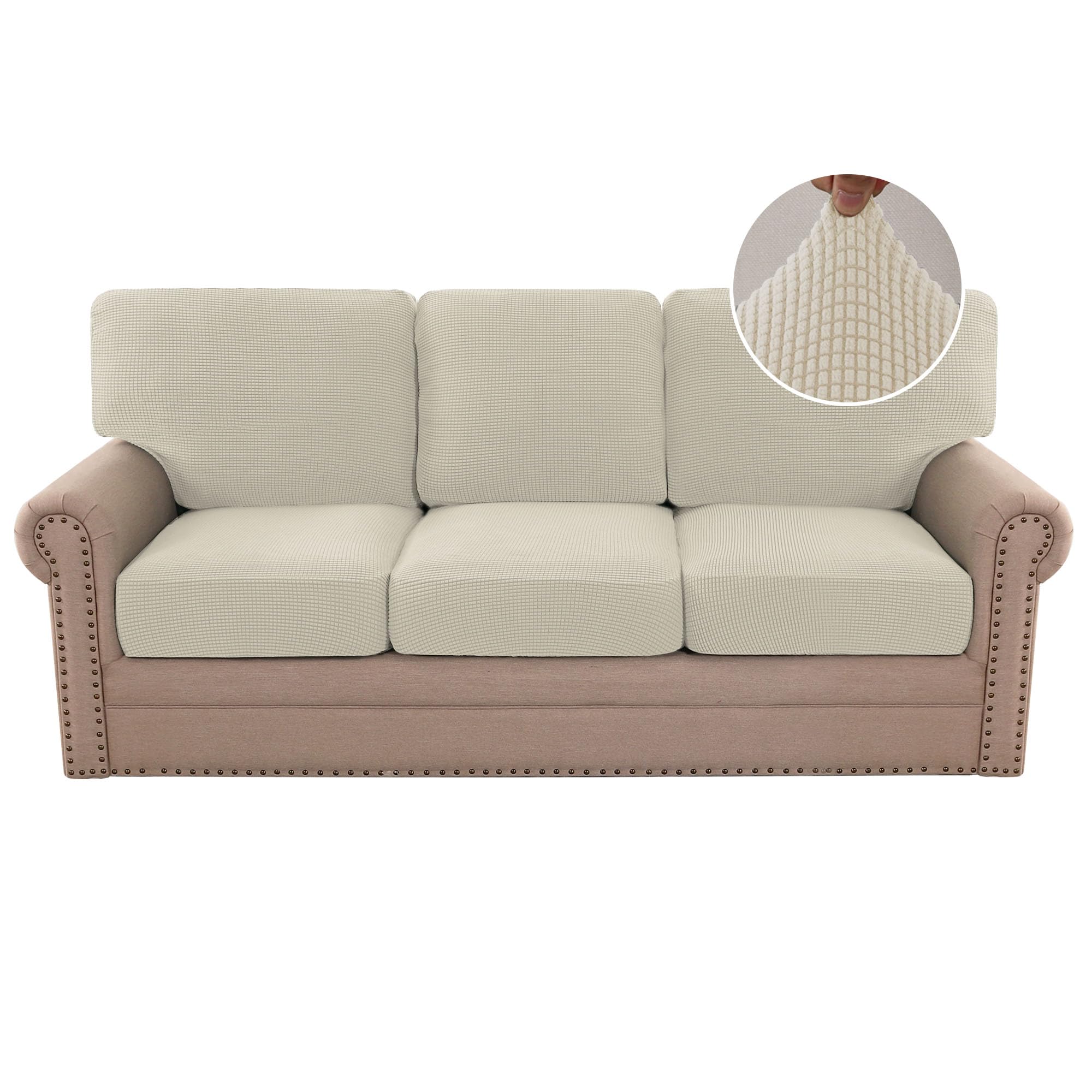 H.VERSAILTEX Multi-Pieces Sofa Covers Stretch Couch Covers Form Fitted Seats and Back Cushions Covers (3 Seat Covers Plus 3 Back Cusion Covers, Bonus 2 Armrest Covers), Island FossiOEKO-TEX STANDARD 100