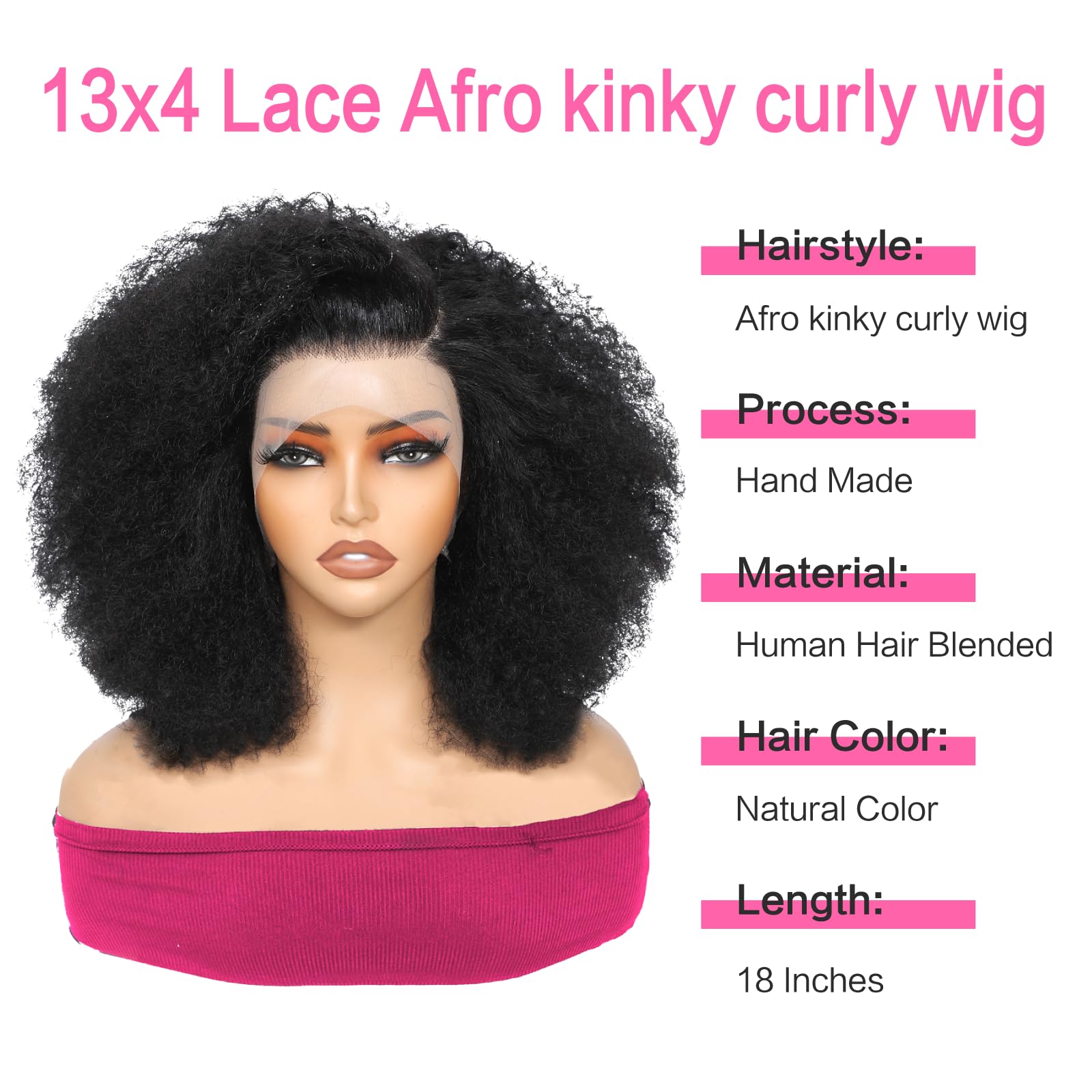 Yacurcur Afro Kinky Curly Wig 13x4 Lace Front Wigs 180% Density Human Hair Blended Kinky Curly Lace Frontal Wigs for Black Women Natural Black 18 Inch - Image 3