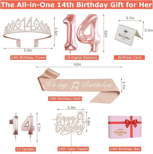 Miniatura 4 de Decoraciones de cumpleaños número 14 para niñas, incluyendo banda y tiara de cumpleaños 14, velas de cumpleaños 14 y adornos para pasteles, globos