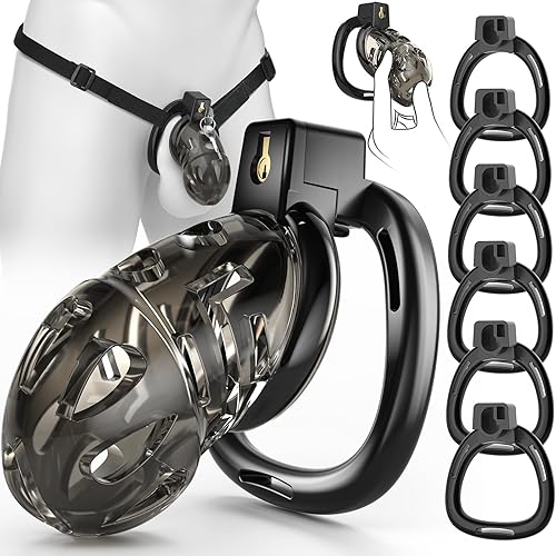 Miniatura 9 de Dispositivo de jaula de castidad masculina, jaula de silicona suave con 6 anillos de tamaño, correas ajustables, bloqueo de pene ligero, control