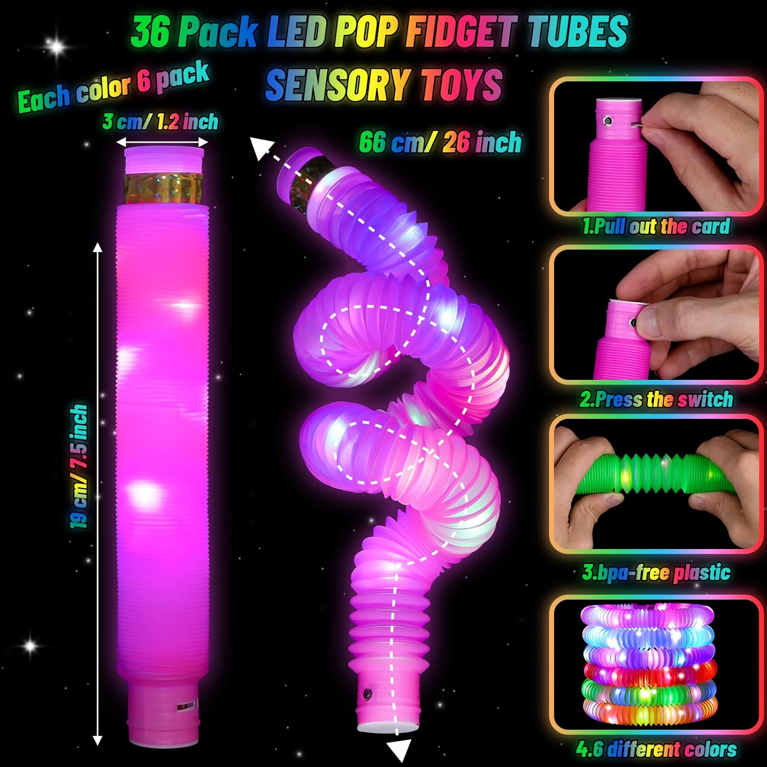 76 Pcs Glow Light Up Pop Tubes &LED Glasses Sticks Party Favors, Glow Bracelets Necklaces Camping Toys, Rave Neon Flashing Glasses for Birthday Return Gift Goodie Bag Christmas Stuffer School Prizes - Image 3