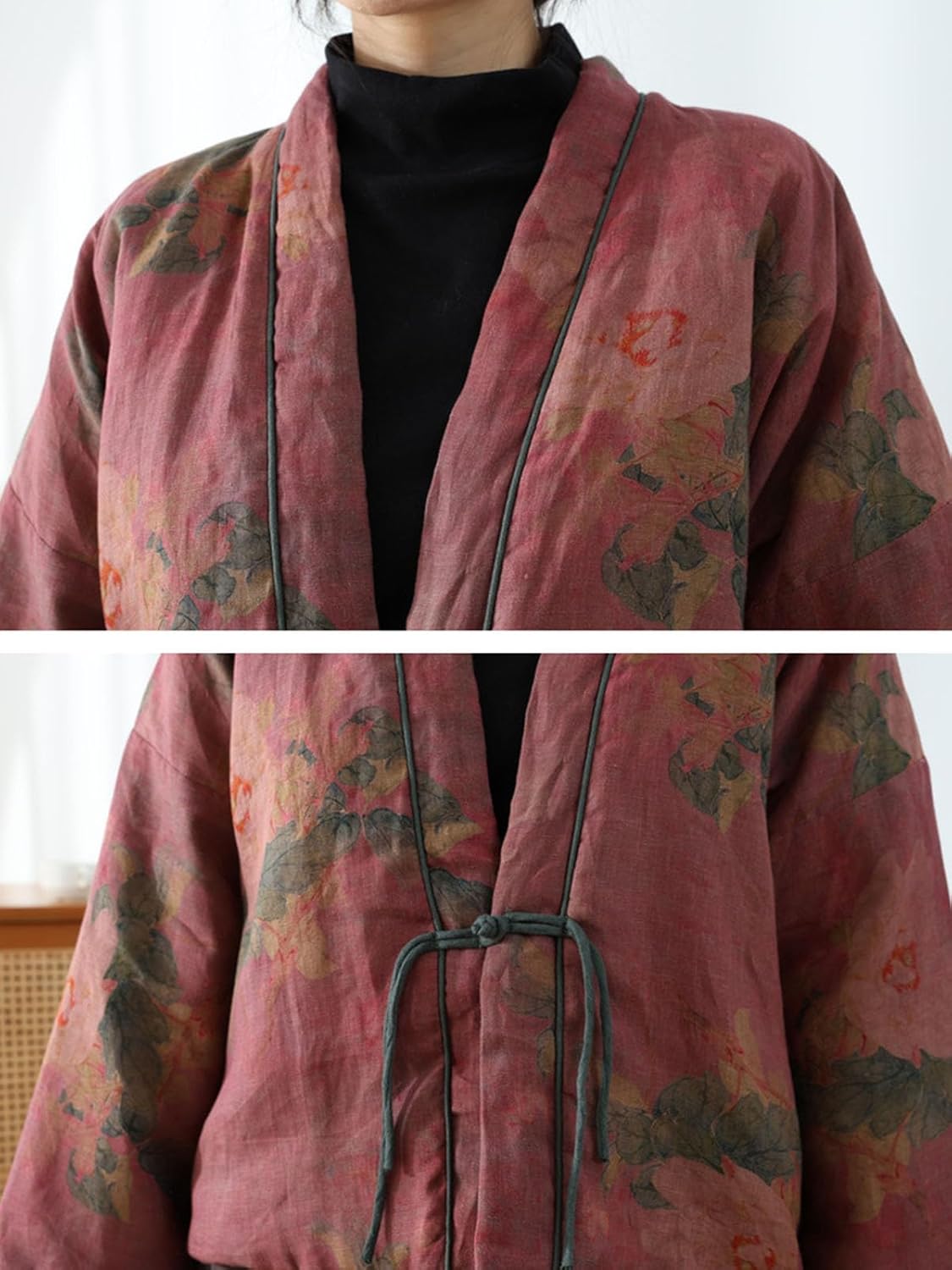 Women's Short Quilted Jacket Open Front V-Neck Vintage Print Casual Lightweight Outwear for Spring and Fall - Image 5