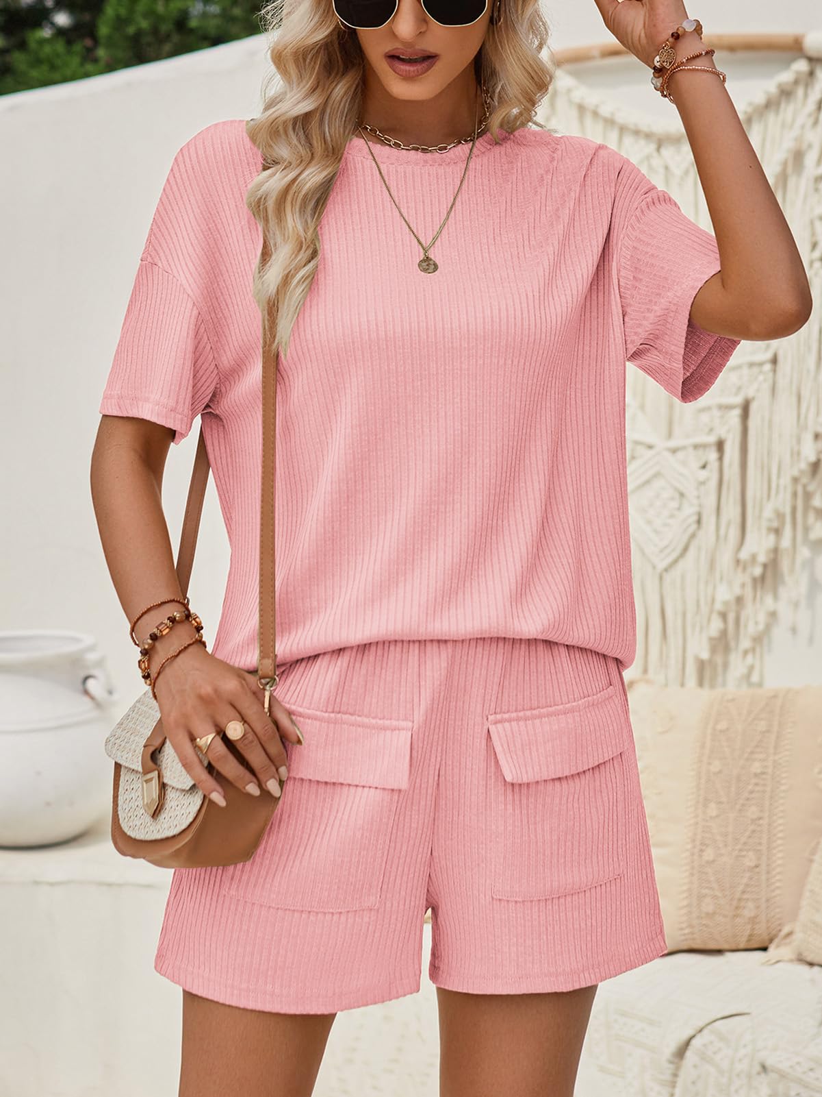 Rayson Chandal Mujer Chándal Completo 2 Piezas Verano Pantalones Cortos con Bolsillos y Cuello Redondo Top