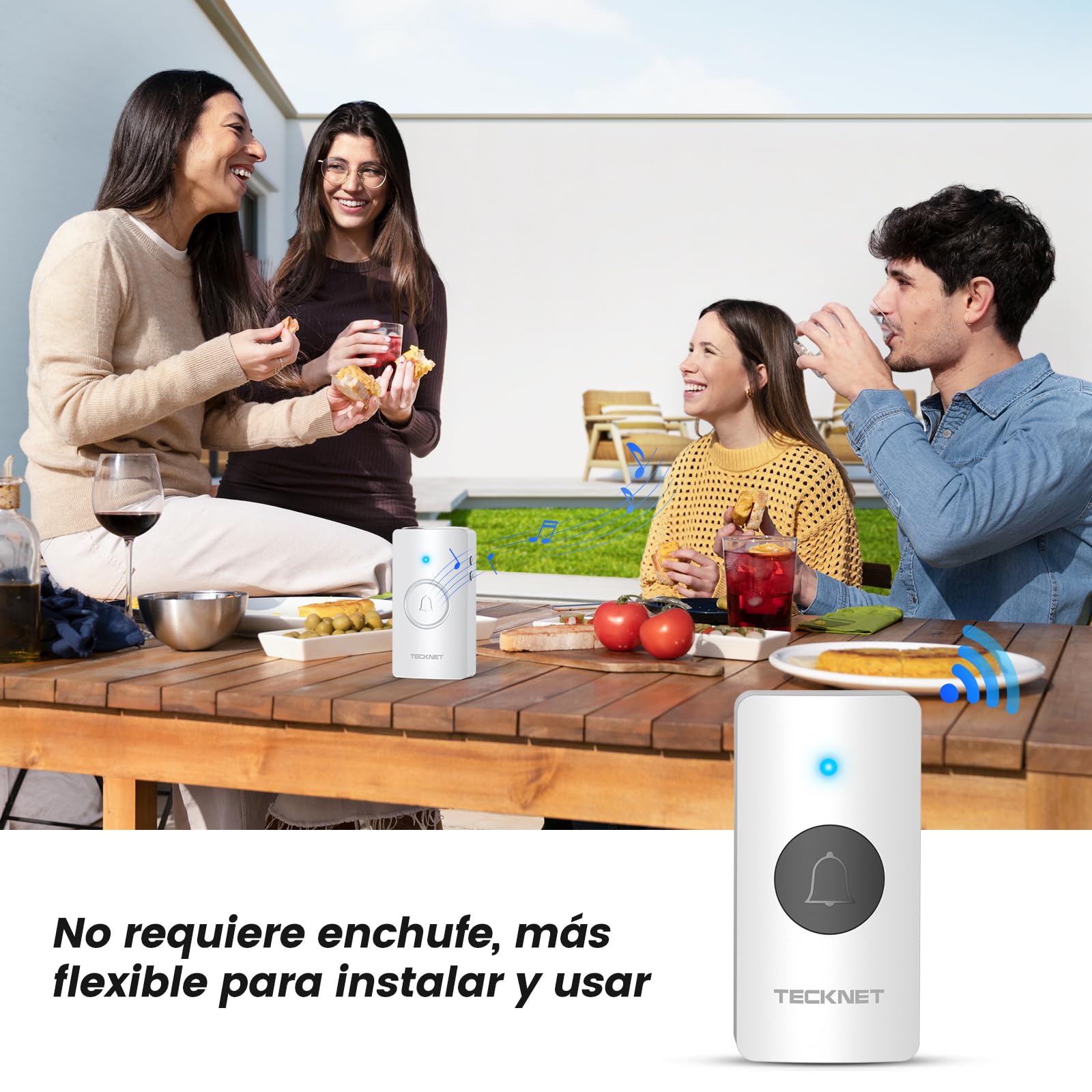 TECKNET Timbre inalámbrico IP65 impermeable 400m para casa | 2 timbres & 4 receptor, 60 tonos, 5 niveles de volumen, batería incluida, Función de memoria, luz LED, para exterior