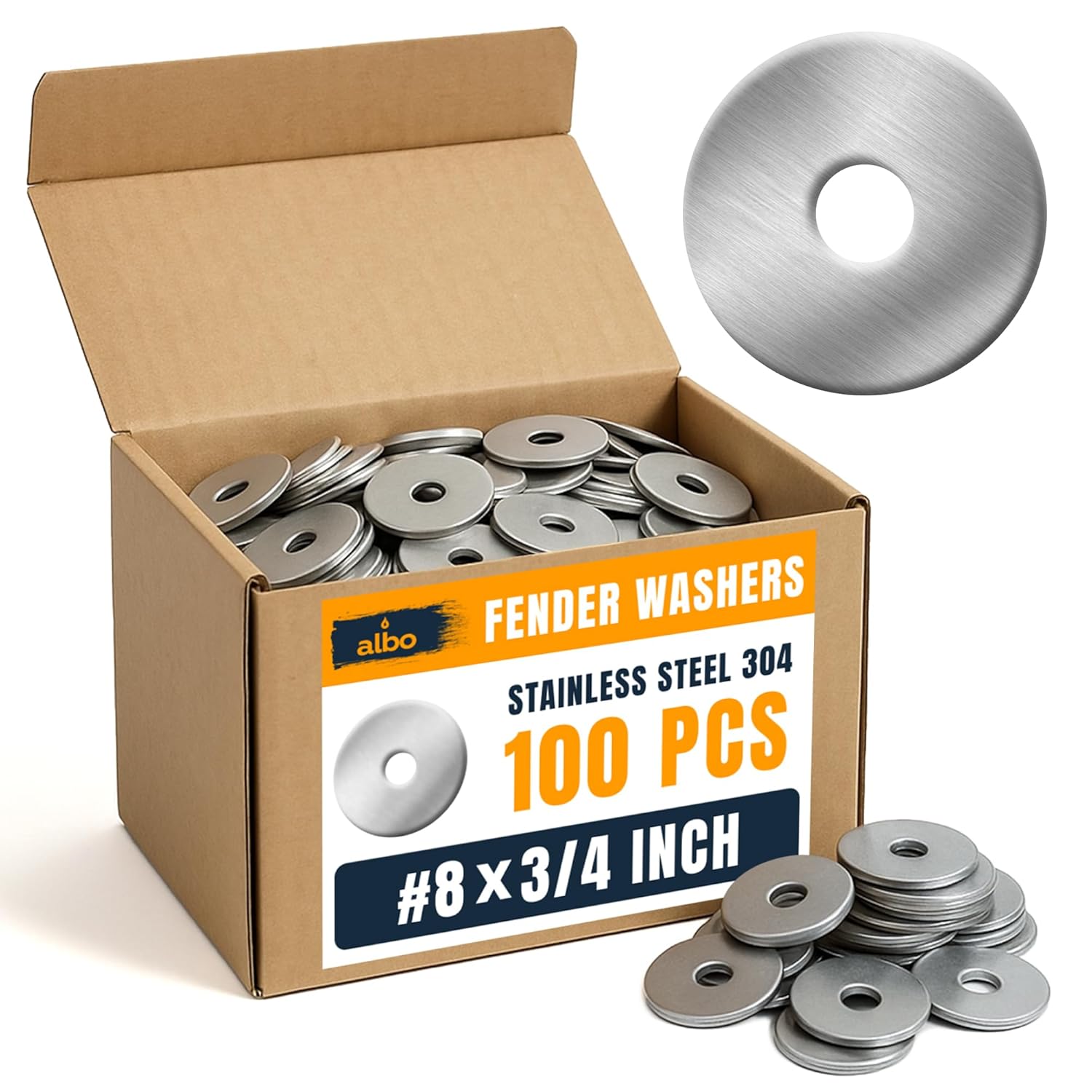 100 Pcs Stainless Steel Fender Washers #8 x 3/4 Inch Flat Washers for Screws and Bolts, 304 Stainless Steel, Heavy Duty Washer Set for Industrial and DIY Use