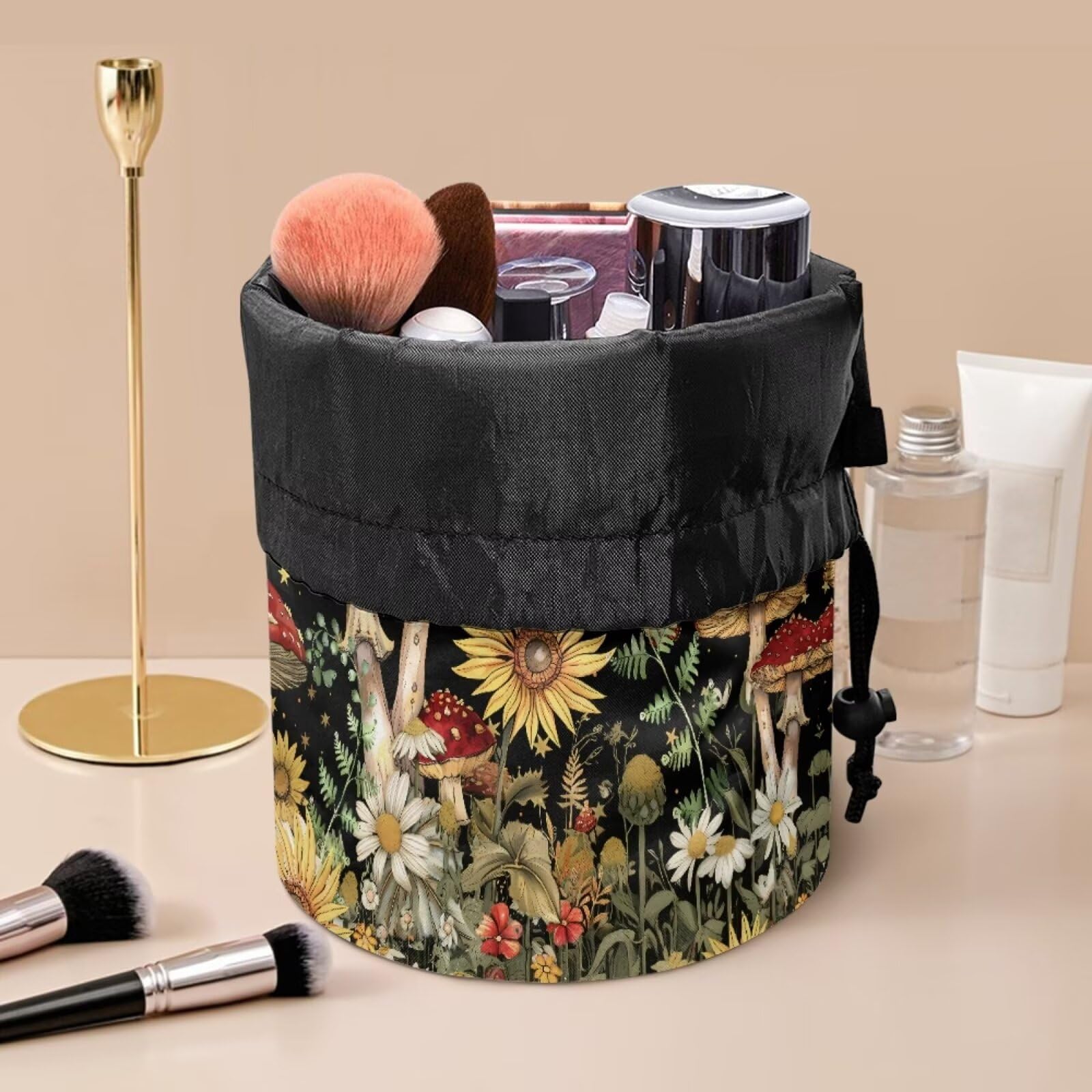 chaqlin Mushroom Sunflower Travel Cosmetic Bags Barrel Makeup Bag,Women Girls Portable Foldable Cases Multifunctional Toiletry Bucket Bags Round Organizer Storage Pocket - Image 3