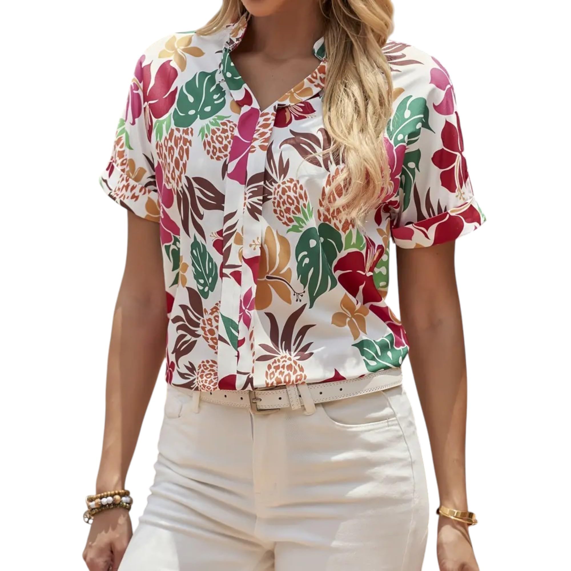 gufrina Women's Floral Print V-Neck Casual Top – Lightweight Short Sleeve Top for Everyday Wear-picture-21
