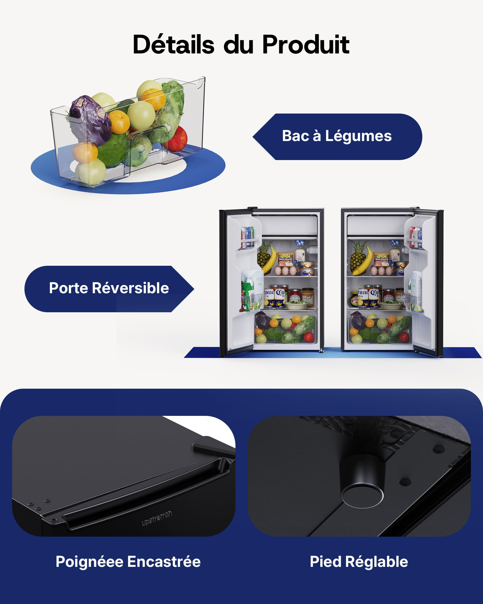 Upstreman CR85 Petit Frigo 85 Litres, Éclairage Intérieur, Thermostat Réglable, Bac à Légumes, Silencieux, Porte Réversible, Noir
