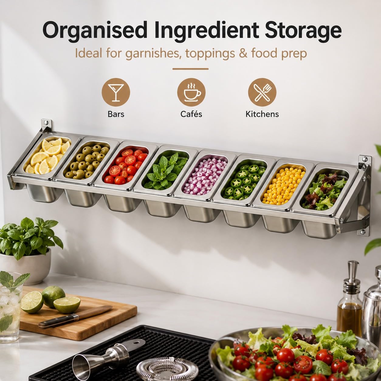 Estante de Condimentos de Acero Inoxidable Montado en Pared con Tapas, 3/4/5/6/7 Compartimentos, Bandejas Extraíbles para Salsas, Frutas, Toppings, Guarniciones, Bar