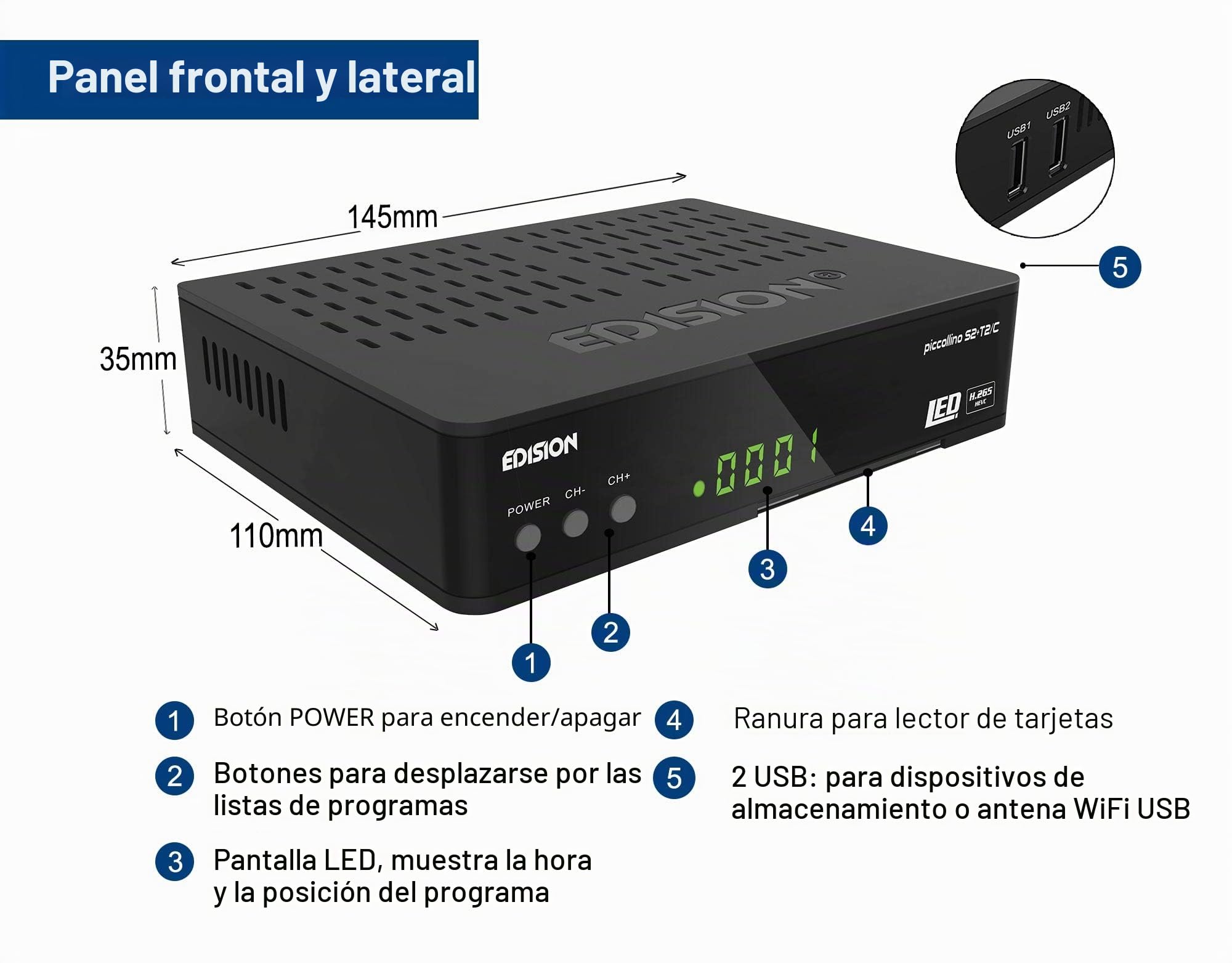 Edision Piccollino S2+T2/C, Combo Receptor H265/HEVC (DVB-S2, DVB-T2, DVB-C) Full HD USB, Negro