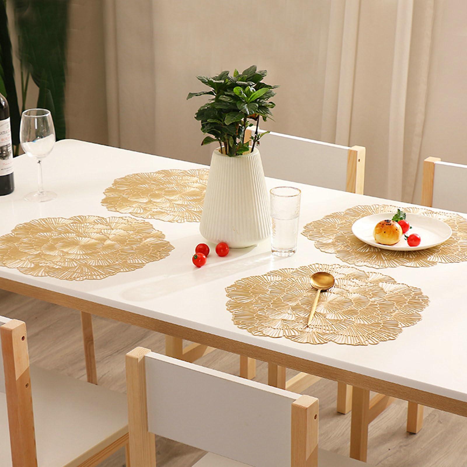 Juego de 10 manteles individuales de mesa, lavable, PVC, redondo, redondo, hueco, de estilo europeo, antideslizante, resistente al desgaste al calor, oro, 38 cm