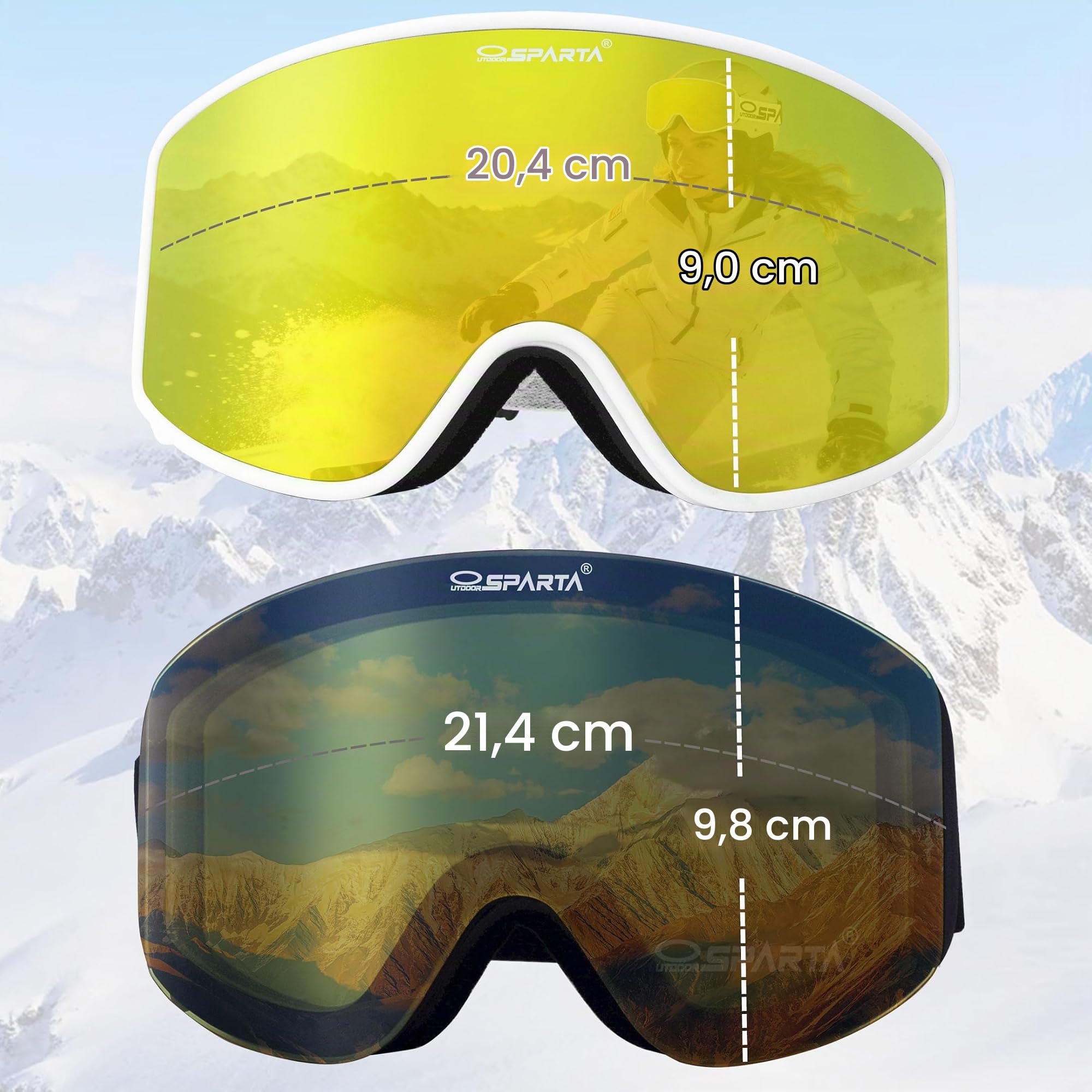 Snowboard Skibrille OTG, magnetische abnehmbare HD Linse/Anti-Fog /100% UV400 Schutz/rahmenlose