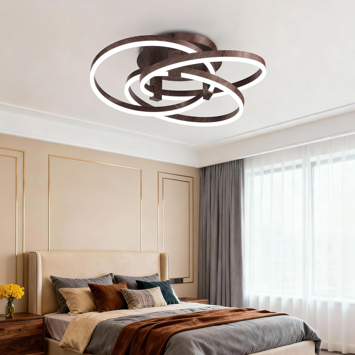 Maxax 23.5" Led Ceiling Light Fixture, Modern 3 Rings Flush Mount Chandelier, Close to Ceiling Lamp for Bedroom Living Room Dining Room Kitchen, ETL Listed, Walnut Color