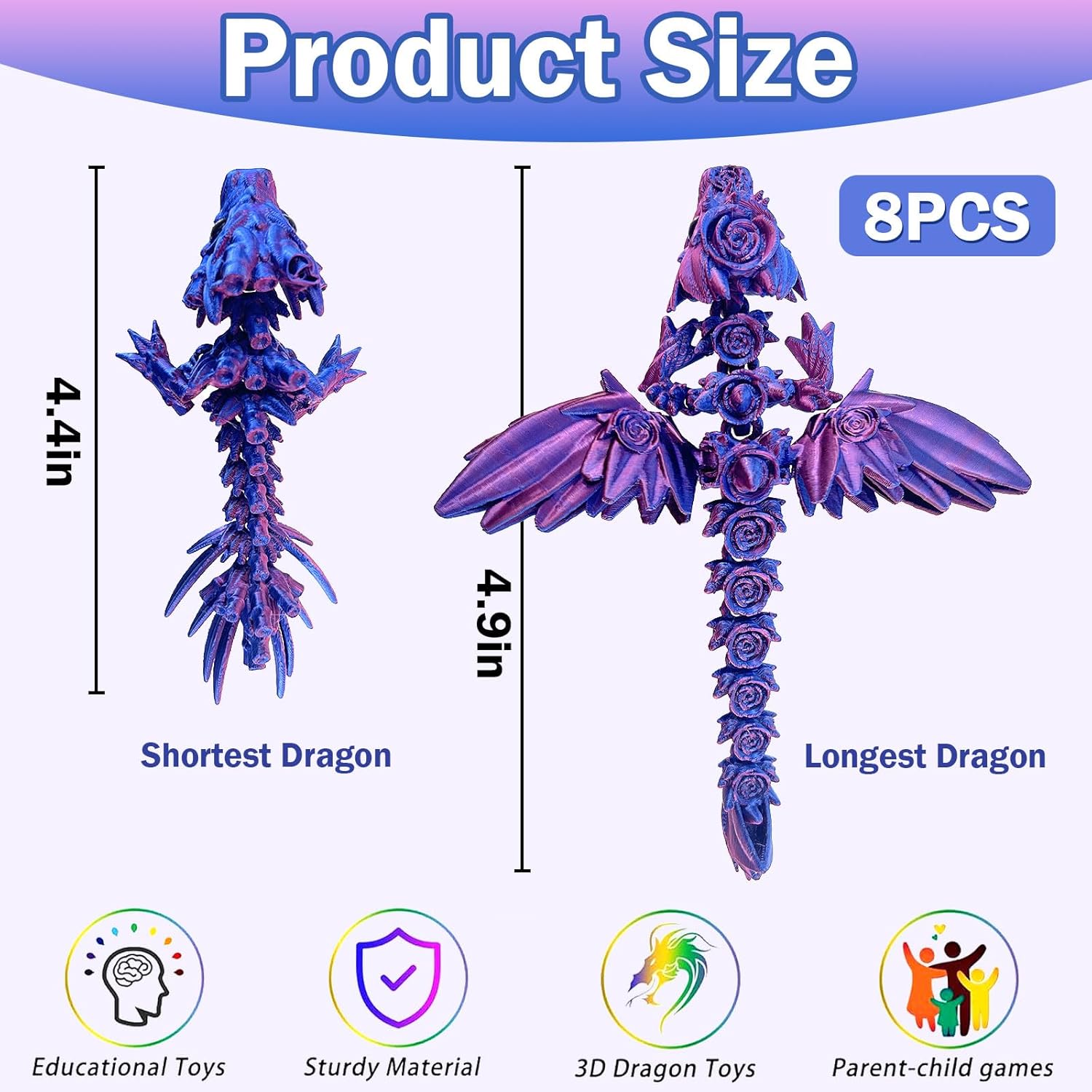 8 Pcs 3D Printed Fidget Dragons with Eyes Toy Set, Small 3D Prints Animal Models for Executive Home Office, Cute Mini Stress Relief 3-d Printer Animals Toys Decor for Adults Kids(B)