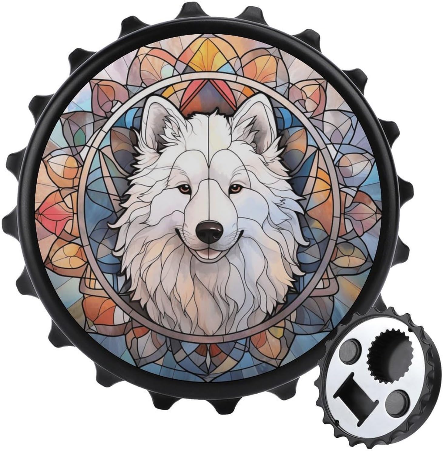 Samoyed Refrigerator Magnets - Magnetic Cap Catcher - Refrigerator Bottle Opener for Bartender Drink Shop - Housewarming Gifts - Bar Accessories - Pet Owner Ornament (Stained Glass Style)