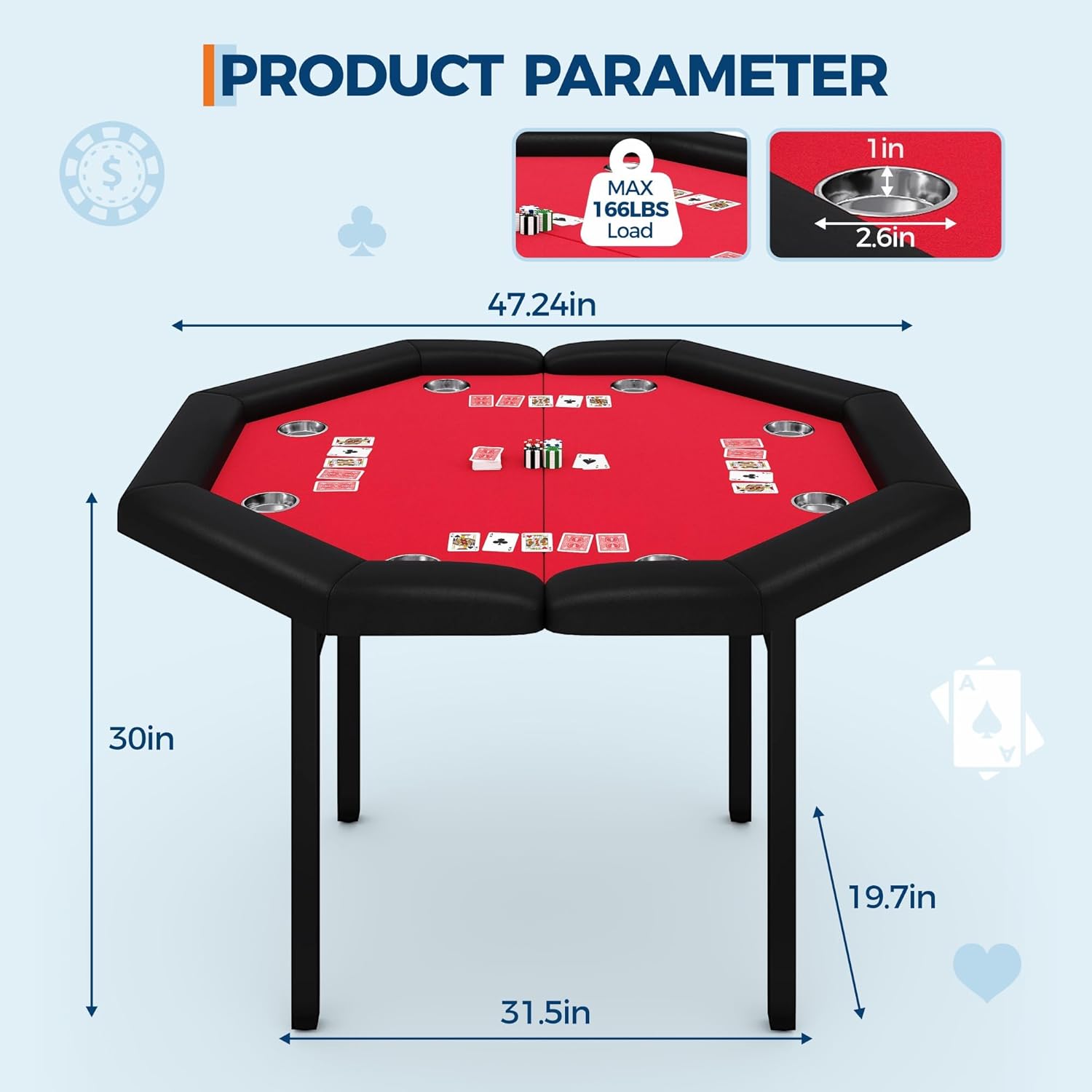 8-Player Foldable Poker Table, Protable Blackjack Texas Holdem Table with Padded Rails ＆ Stainless Steel Cup Holders, Octagon Casino Table for Blackjack, Family Games, Club (Red)