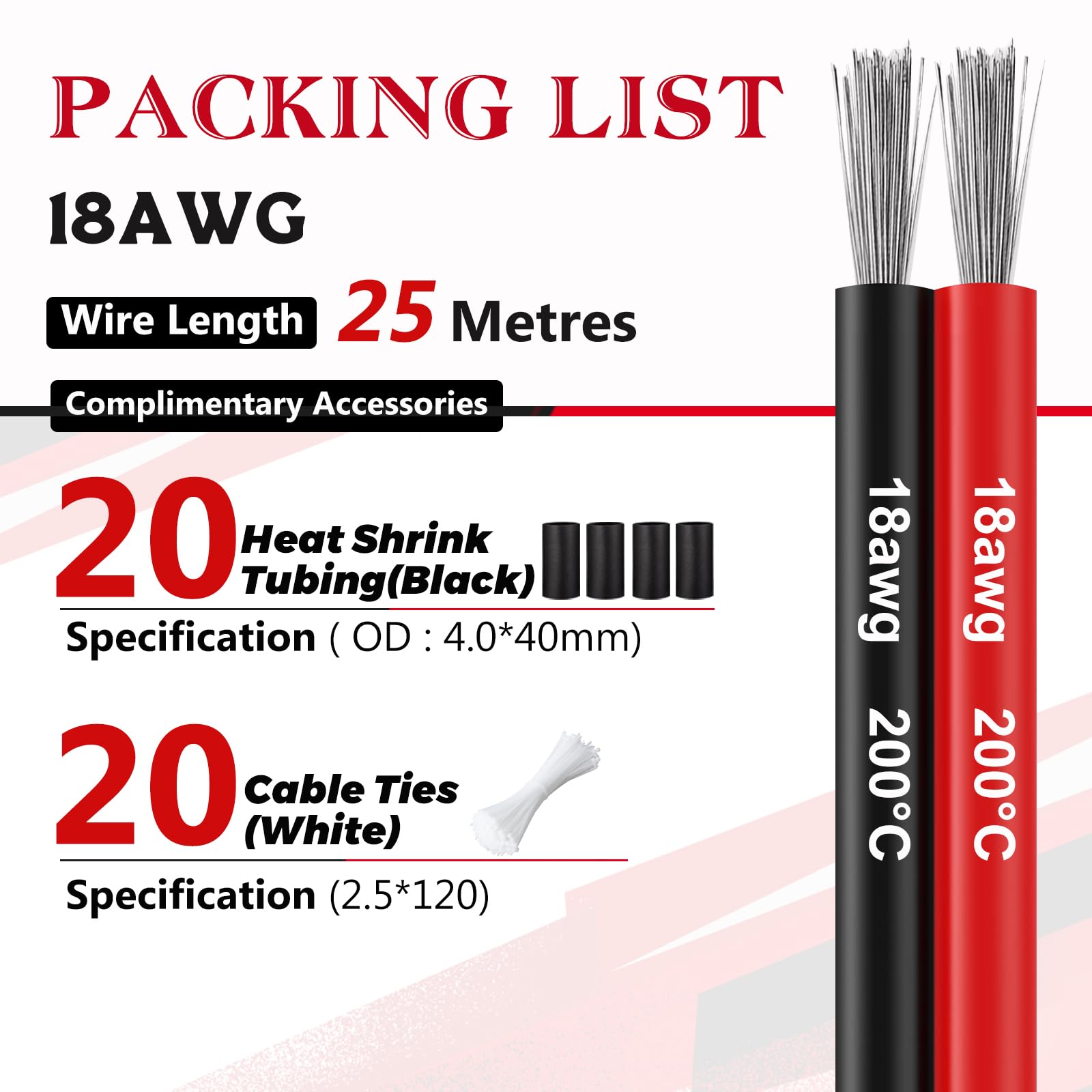 0,82 mm² (18 AWG) Czerwony i czarny kabel silikonowy (zewnętrzny: 2,3 mm x 4,6 mm), 25 m, wąż wysokotemperaturowy, cynowana miedź do taśm LED, zastosowania 12 V/24 V DC, projekty elektryczne i
