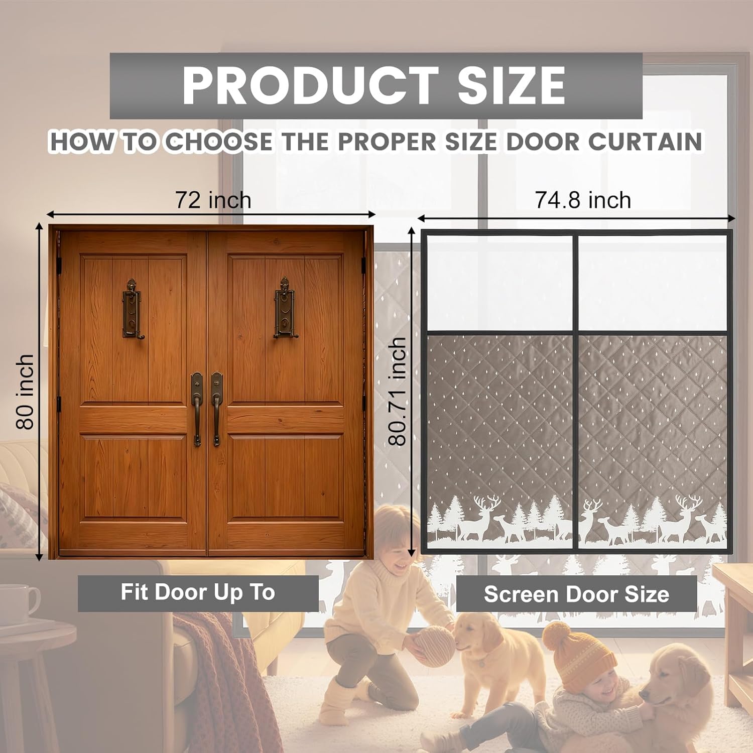 Magnetic Thermal Door Curtains for Winter Insulated with Window, Oxford Blackout Winter Forest Door Cover for 72 * 80 Inch Doors, Energy Saving Draft Blocking Wind and Snow