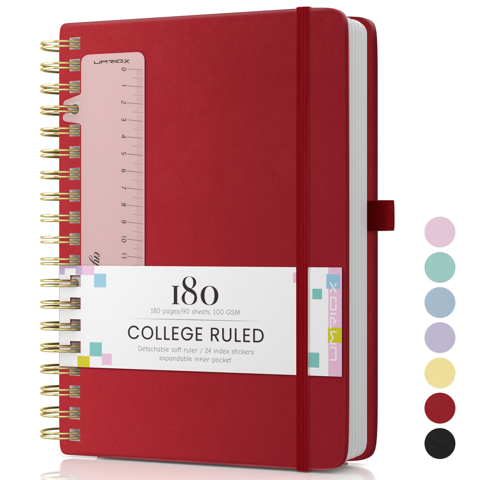 Umriox B5 Notebook,Journals for Women Lined,Wirebound Spiral Notebook 180 Pages for Writing,100gsm College-Ruled Paper, Pocket,Pen Loop, Ruler, Bookmark,19 x 25cm- Red