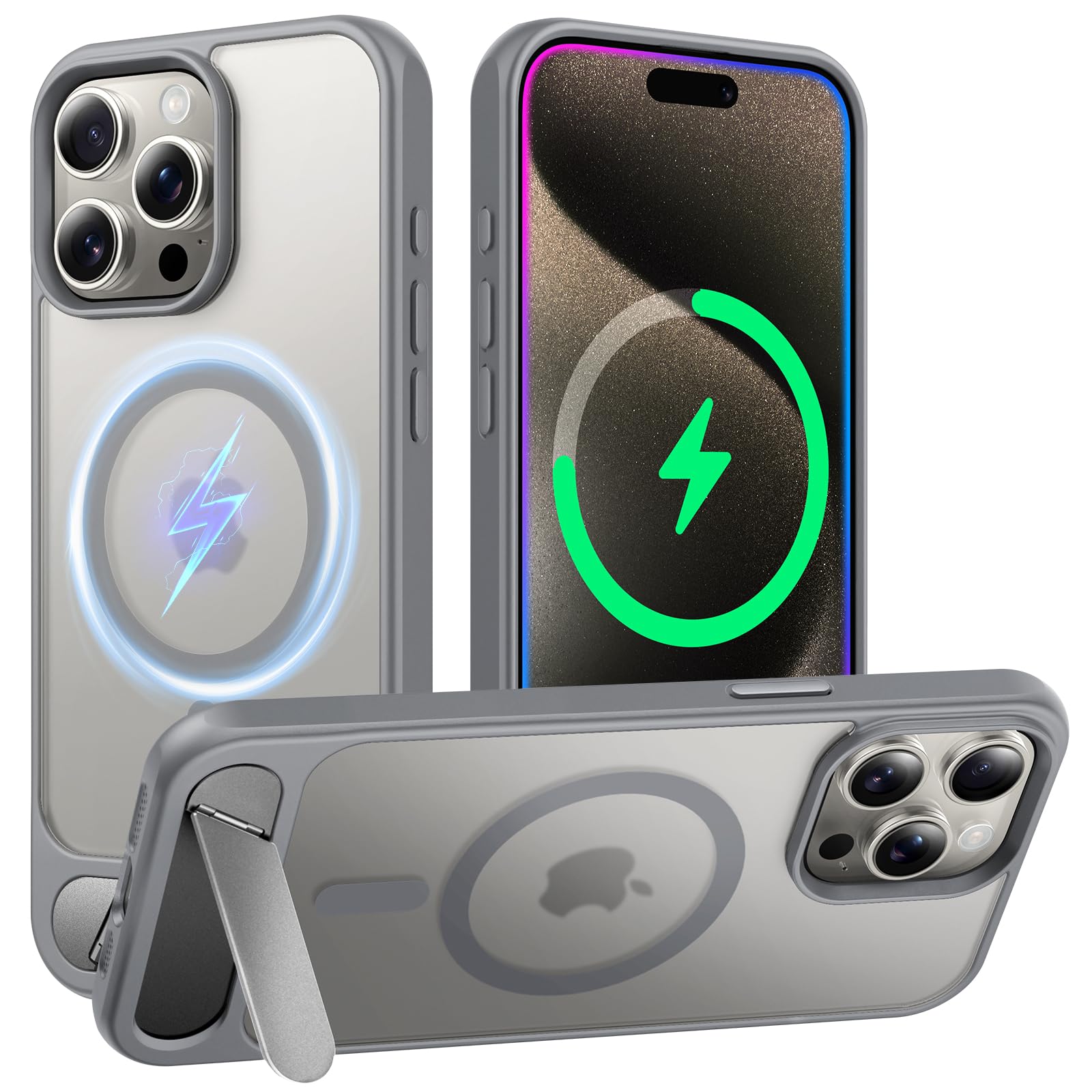 TAURI Magnetic for iPhone 15 Pro Max Case with Stand, [Compatible with MagSafe] Military-Grade Protection, [Translucent Matte] Shockproof Kickstand