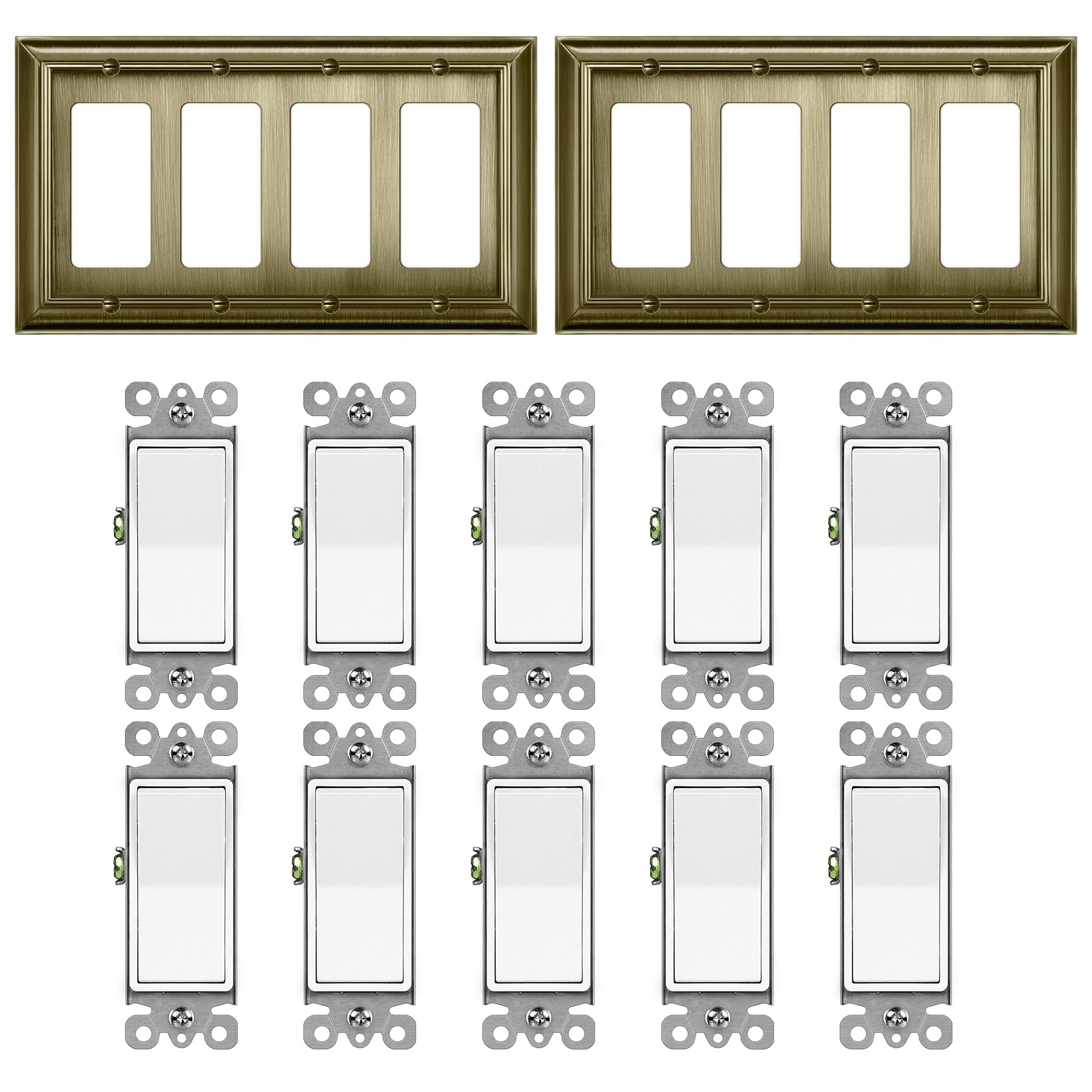 BESTTEN 10 Pack Dimmer Light Switch, Single Pole or 3-Way, LED Dimmer Switches with 2 Pack Brass Wall Plate