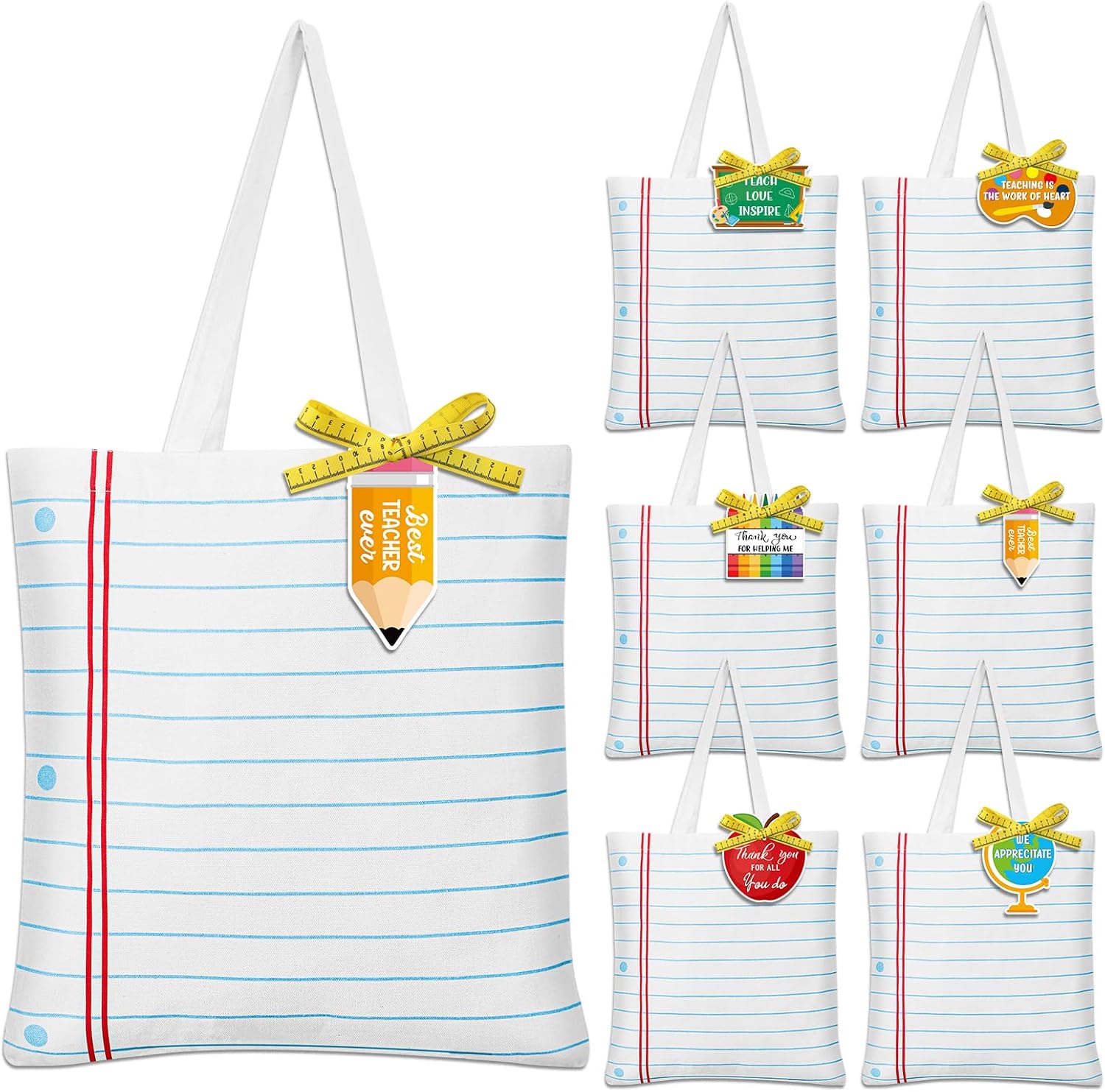 6 Sets Christmas Teacher Appreciation Gifts Canvas Tote Bags for Teacher's Gift Canvas Bags with Tags and Ribbons Notebook Line Style Reusable Grocery Bag Bulk for School Office Classroom Teachers