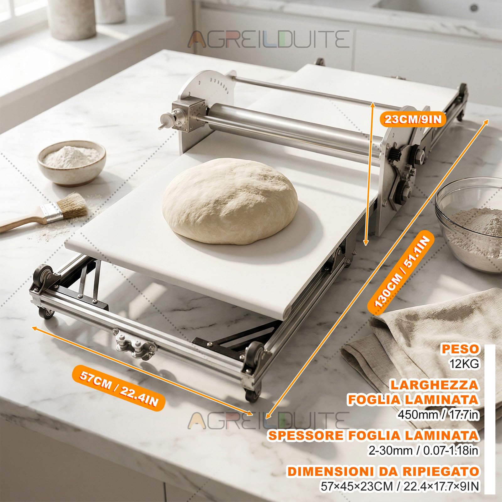 Sfogliatrice Elettrica Per Pasta, Sfogliatrice Pieghevole Per Panetteria/Pizza/Croissant/Pasta Fondente, Acciaio Inossidabile+Spessore Regolabile 2-30 Mm+Impasto Reversibile,40×17.7in Tavola