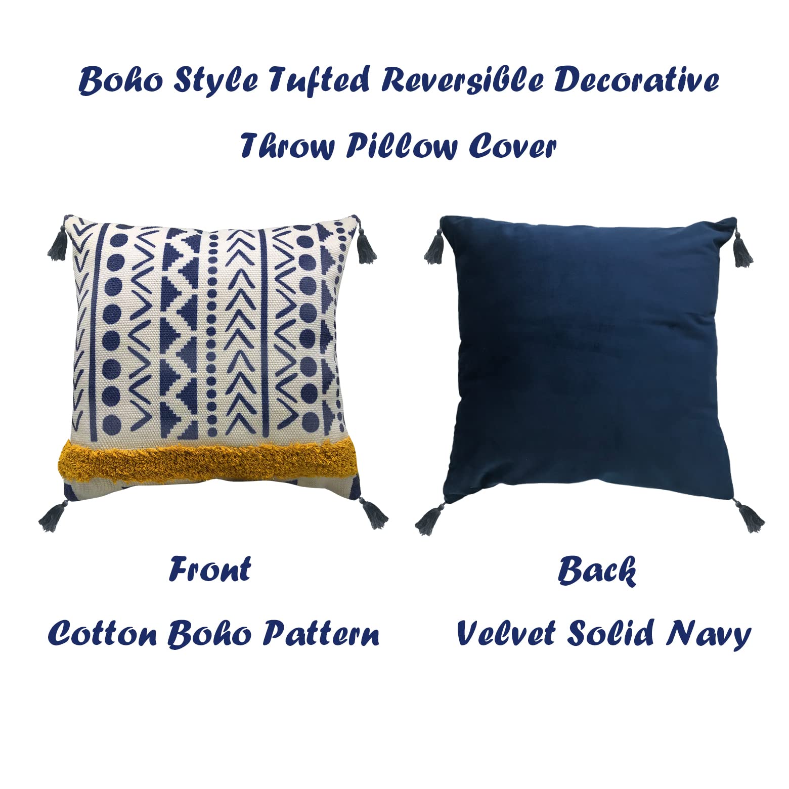 Alysheer Federa decorativa per cuscino bohémien trapuntata con nappe e frange, 45 x 45 cm, in velluto di cotone, reversibile, per divano, soggiorno, camera da letto (blu navy senape)
