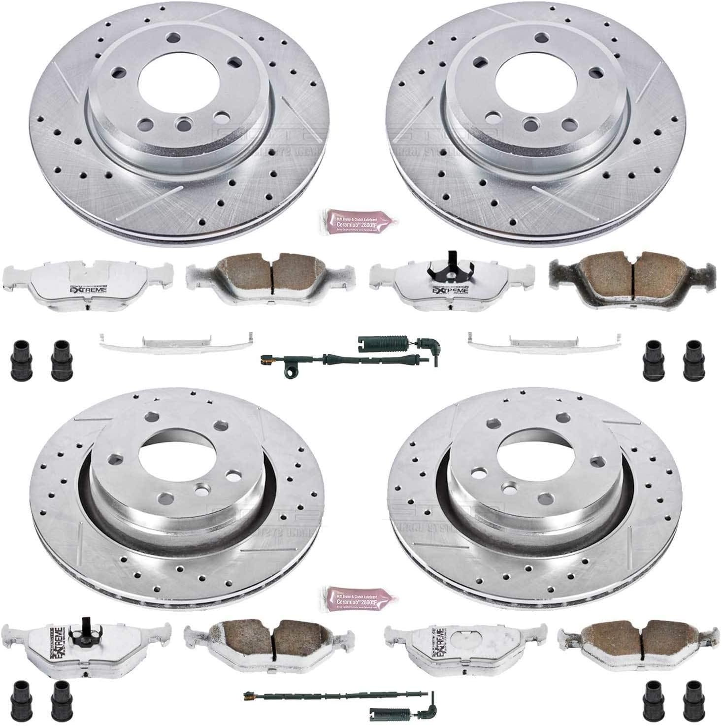 Power Stop K871-26 Front and Rear Z26 Carbon Fiber Brake Pads with Drilled & Slotted Brake Rotors Kit and 1 Front & 1 Rear Sensor Wires For BMW 3, 3, 325Ci, 325i, 3, 328i [Model Specific]