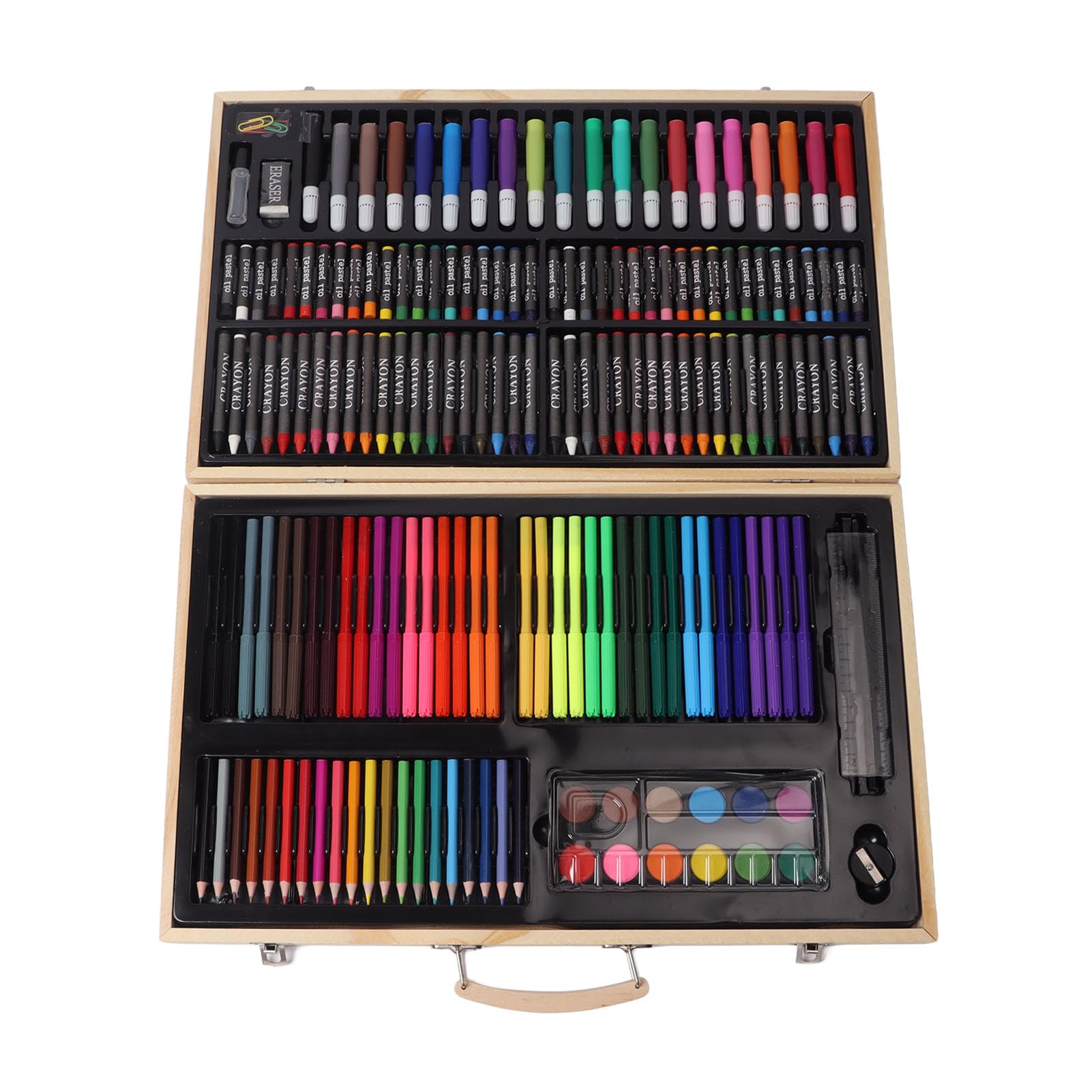 Kinder-Malset, Holz-Kunstset, vielseitiges Kunstmaterial für Kinder mit 12 Aquarellkreiden, 40 Wachsmalkreiden, 40 Ölpastellen, 56 Filzstiften und 20 Bleistiften, sortiert in einer