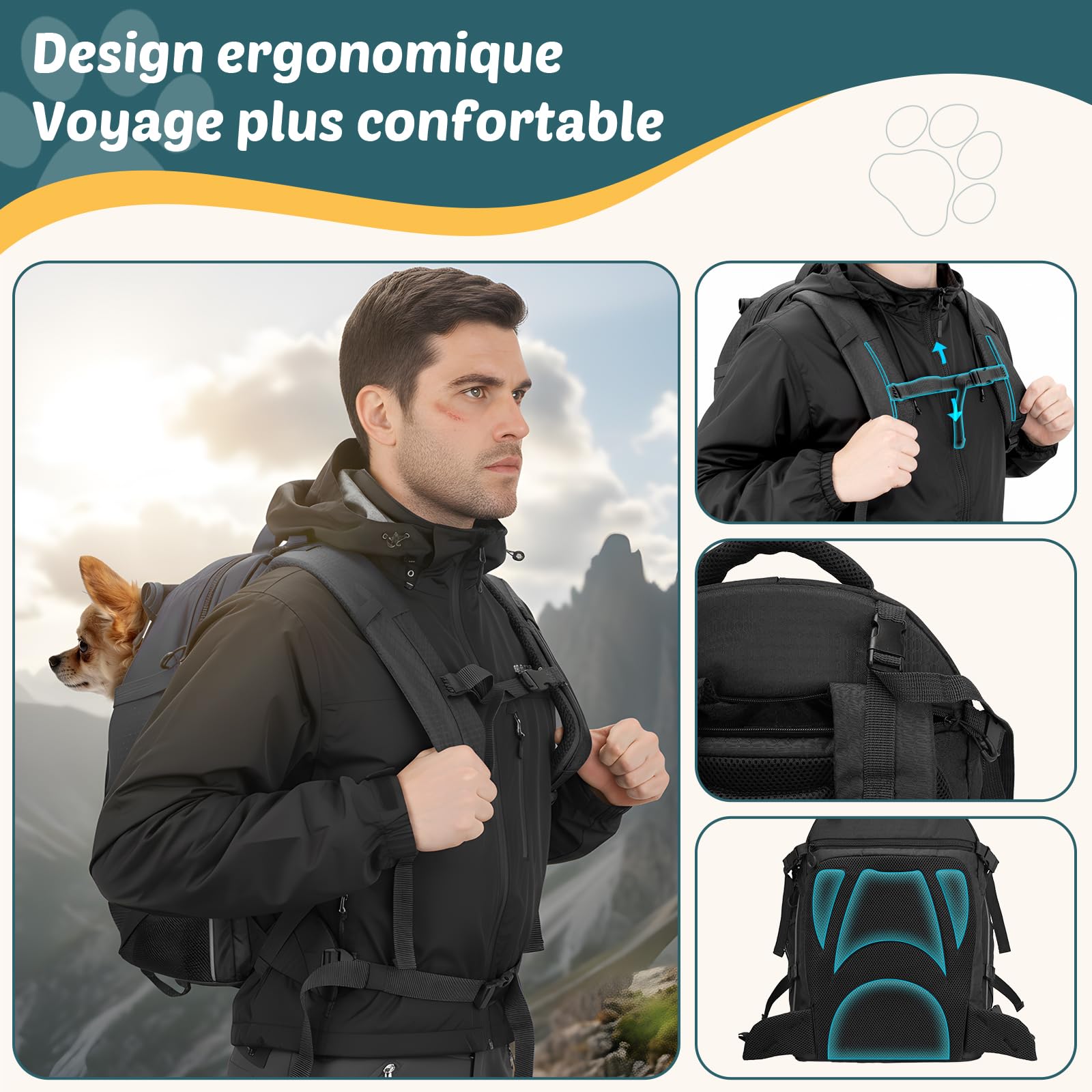 Sac à Dos Chien Chat jusqu'à 8kg, Transport Ergonomique Randonnée avec Compartiment PC, Nylon 600D Robuste, Aéré, Fond Stable & Coussin Lavable, Idéal pour Excursion Camping Voyage