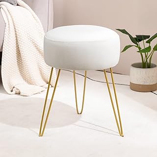 LUE BONA Taburete redondo de terciopelo tocador taburete,Silla de tocador de maquillaje,Ottomana acolchada patas de metal apoyo, blanco