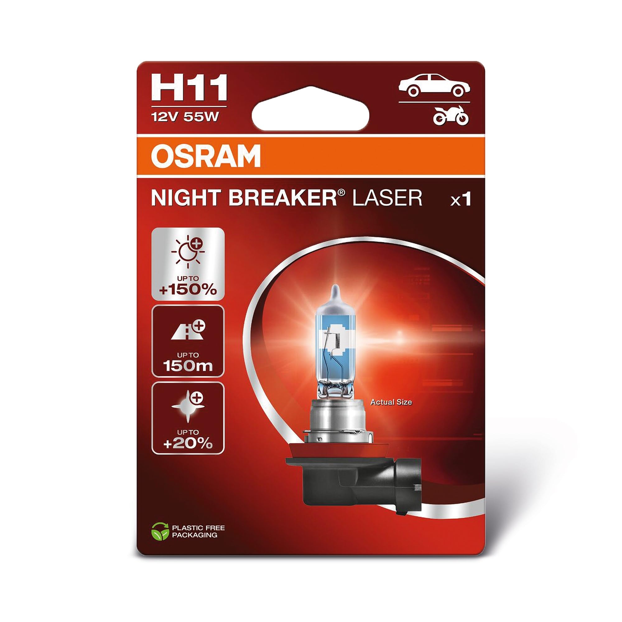 OSRAM NIGHT BREAKER LASER H11, +150% more brightness, halogen headlight lamp, 64211NL-1BL, 12V, blister (1 lamp)