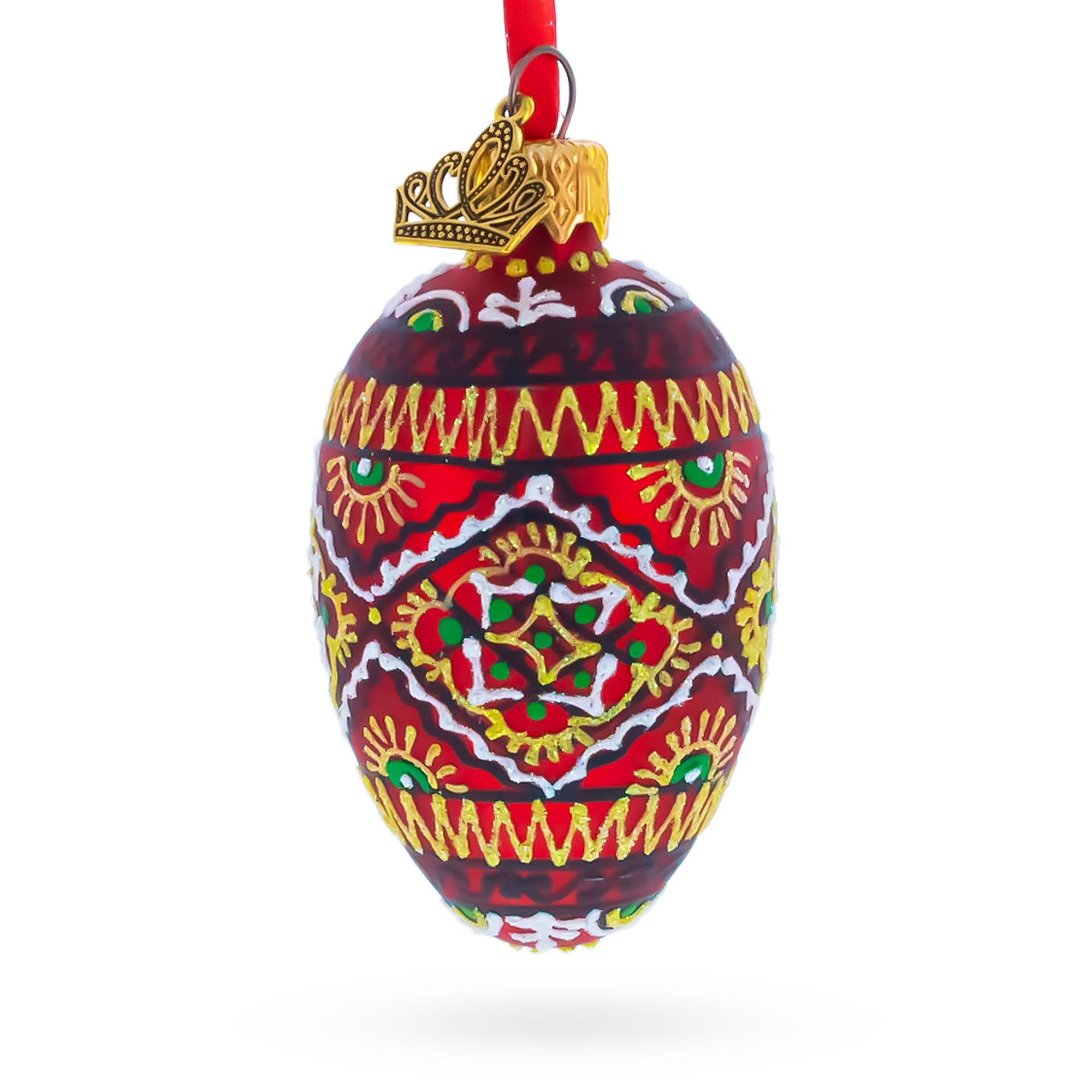 Pysanka en verre rouge géométrique 7,3 cm, l'excellence de l'artisanat ukrainien