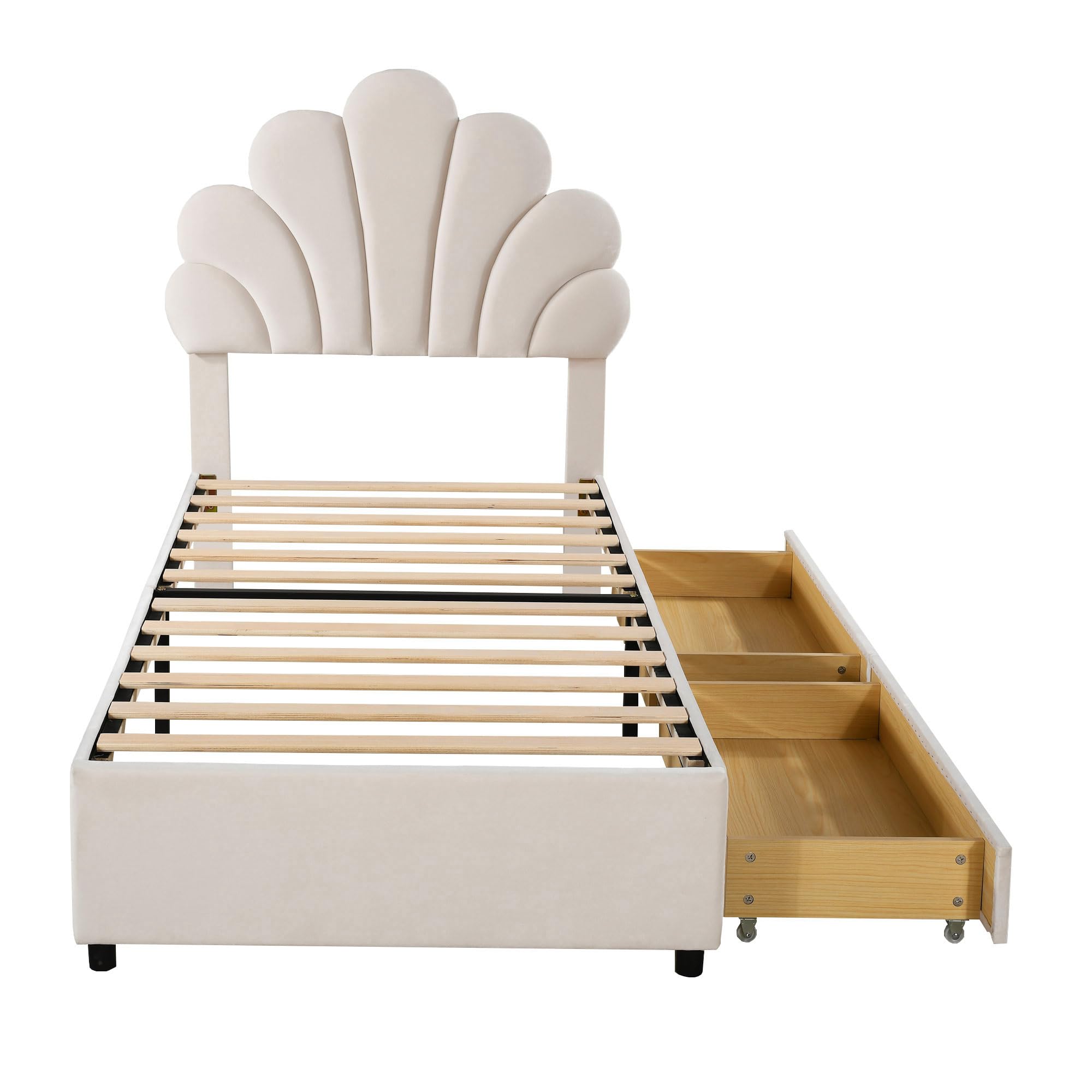 Dolamaní Jugendbett Mädchen Bett 90x200 cm, Höhenverstellbarem Kopfteil-geblümtem, Lattenrost Holz, 2 Schubladen mit Rollen, Polsterbett Sam Beige