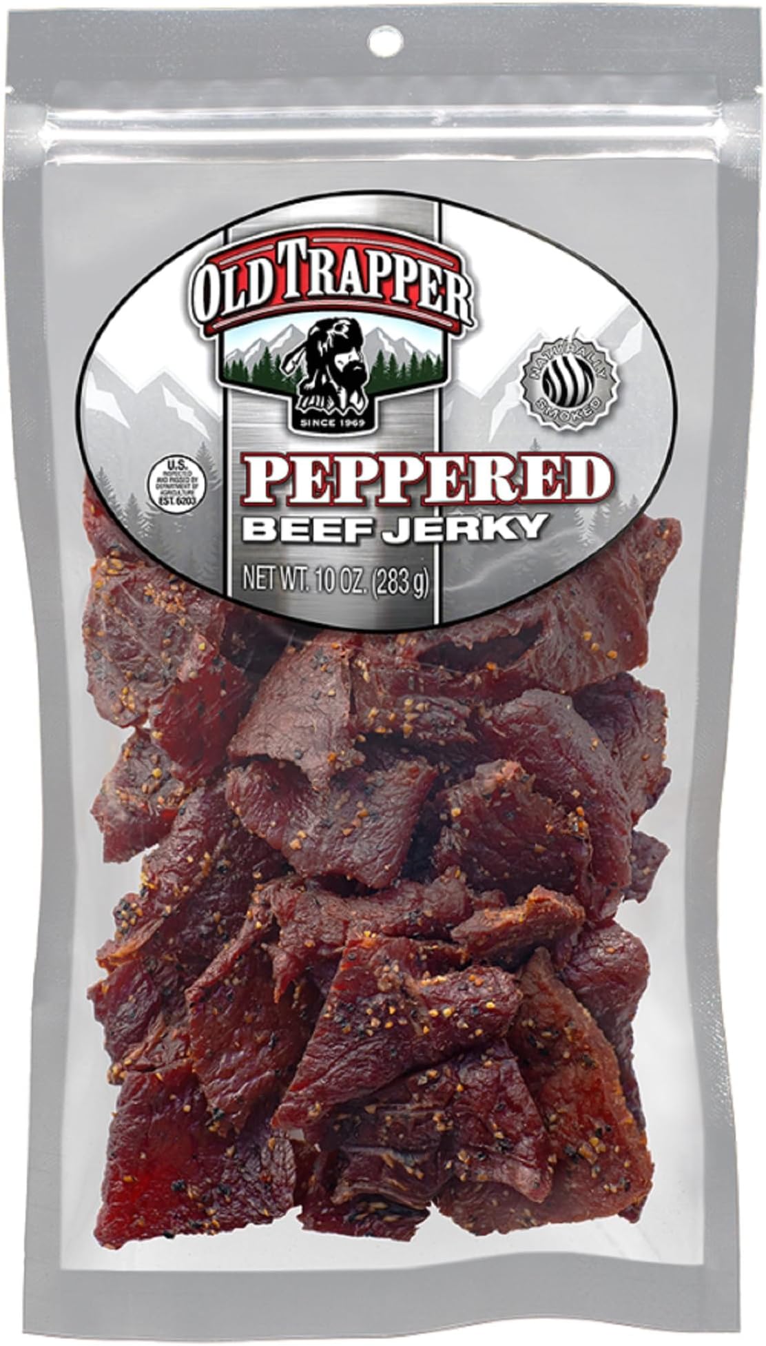 Old Trapper Beef Jerky, Peppered 10-Ounce Pack, Spicy Meat Snacks for Lunches or Between Meals, 11 Grams of Protein, Zero Grams of Fat, and 70 Calories per Ounce (Pack of One)