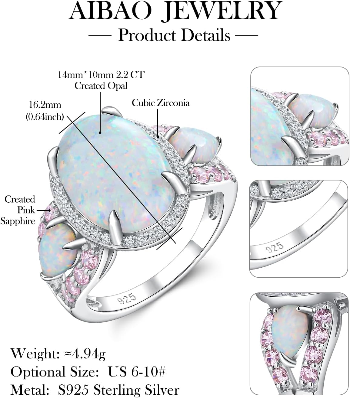 AIBAO Large Turquoise/Opal Rings for Women Oval Cut Natural Gemstone Engagement Halo Ring Sterling Silver Statement Rings Anniversary Birthsday Christmas Gift Jewelry with Box