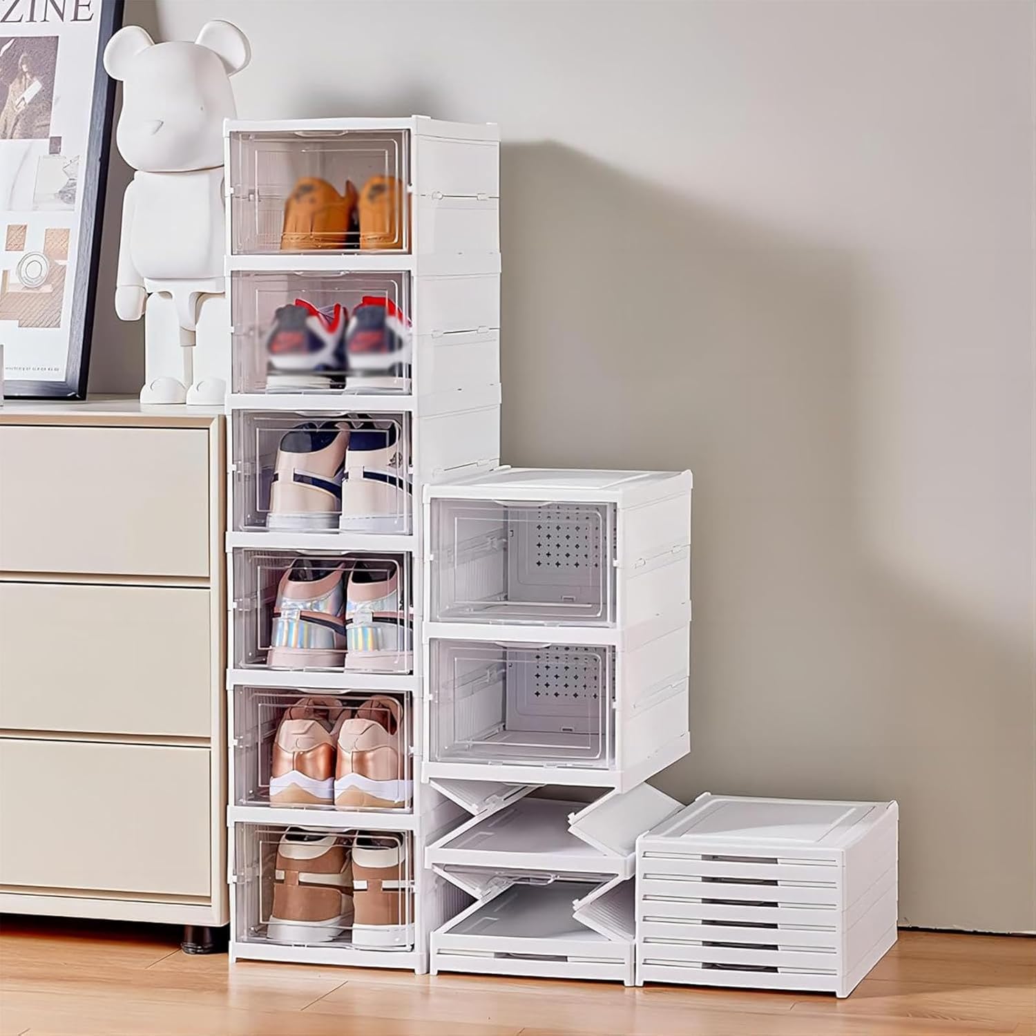 非常に頑丈で耐久性のある折りたたみ式シューズラック、折りたたみ式シューズストレージボックス、組み立て不要、積み重ね可能な靴オーガナイ