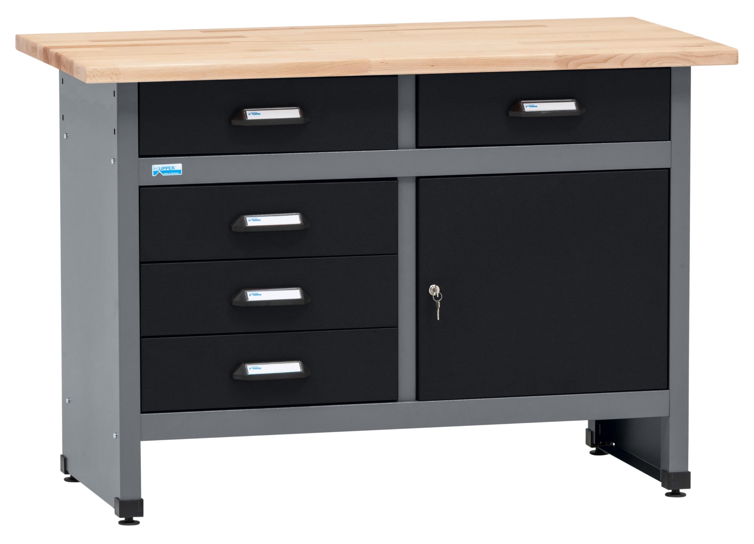 Küpper Werkbank 12049 – Werkbank 120x84x60 cm, mit 5 Schubladen und 1 Tür, 300 kg Traglast, 30 mm Buchenarbeitsplatte, Schwarz