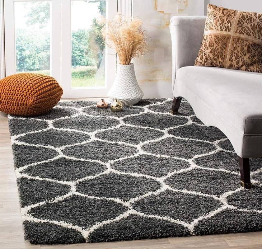 Image of Polyester Fluffy Fur Rugs & Modern Shaggy Floor Carpets for Living Room,Sofa Area,Hall,Kids Room,Guest Room | Elegent Bedside Runners for Besdroom(5X8 Feet Grey Mandir)