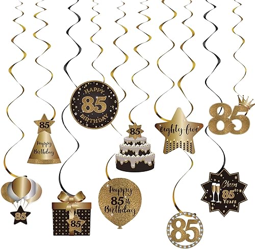 Decoración de techo de remolinos colgantes para fiesta de cumpleaños número 85, 85 espirales colgantes de papel de aluminio con recortes para 85