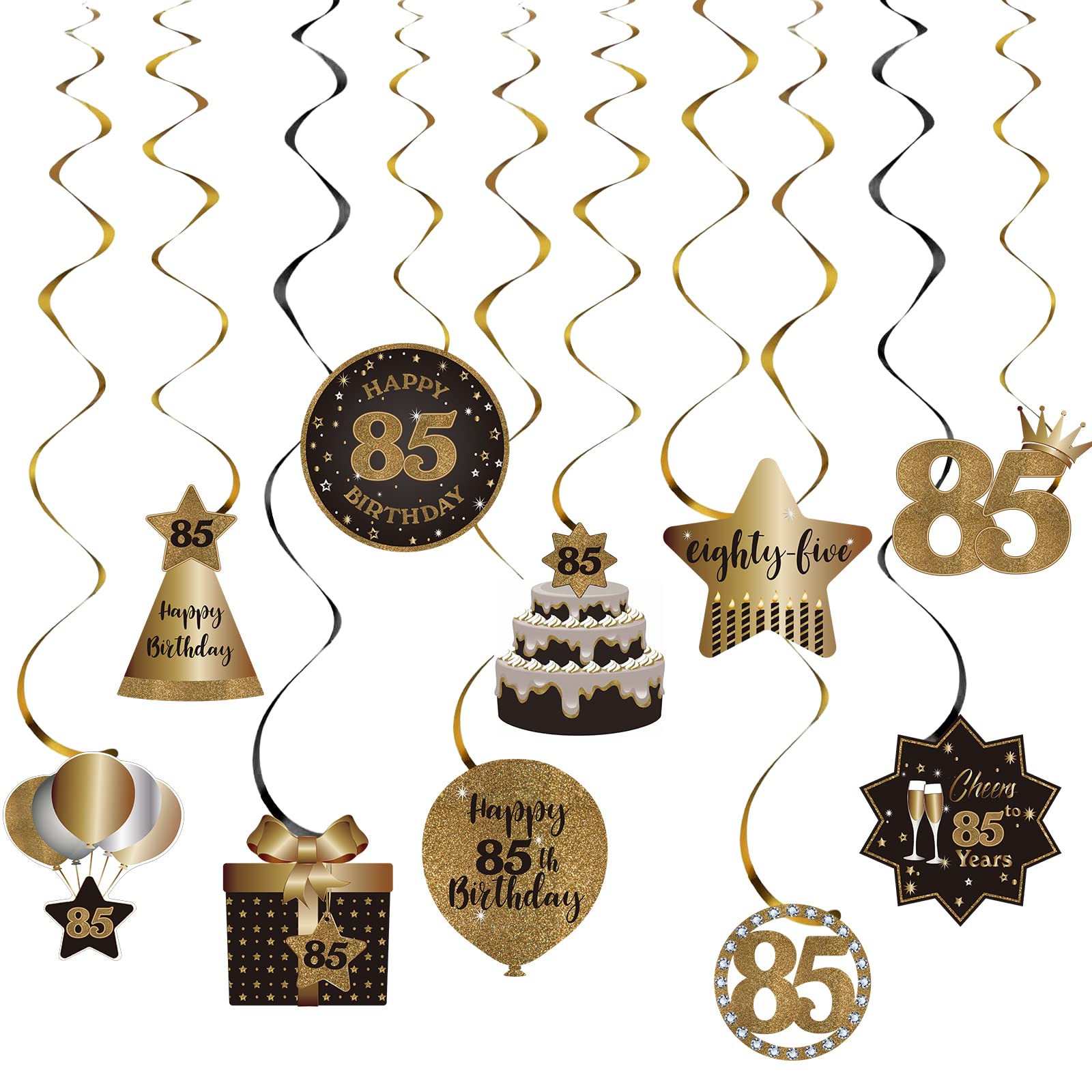Happy 85th Birthday Party Hanging Swirls Streams Ceiling Decorations, Celebration 85 Foil Hanging Swirls with Cutouts for 85 Years Old Black and Gold Birthday Party Decorations Supplies